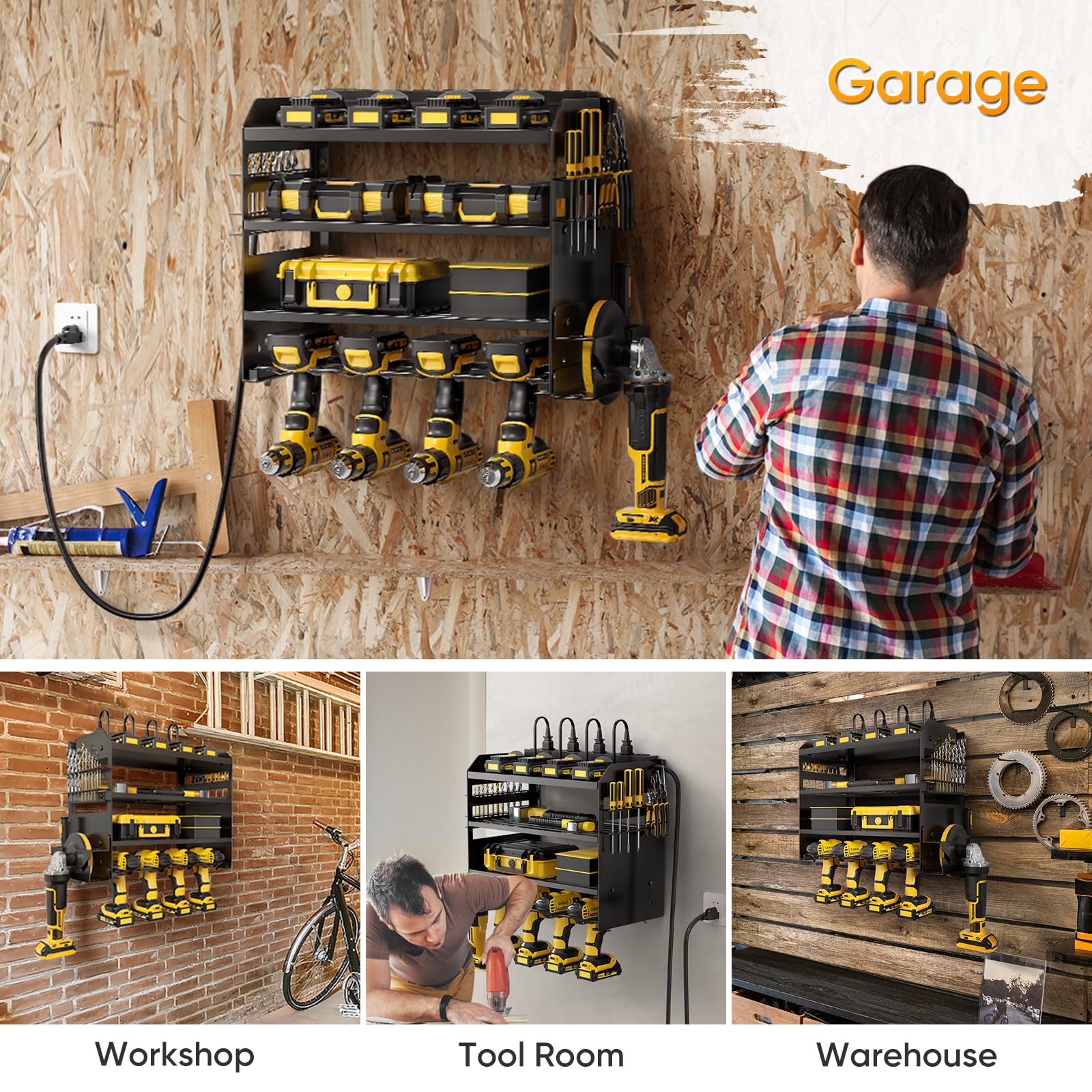 POKIPO Elektrowerkzeug-Organizer, Wandhalterung mit Ladestation, Werkzeugregal mit 8 Steckdosen, robustes Metall-Batteriegestell mit 4 Akku-Bohrer-Haltern, 18 m langes Kabel für Garage