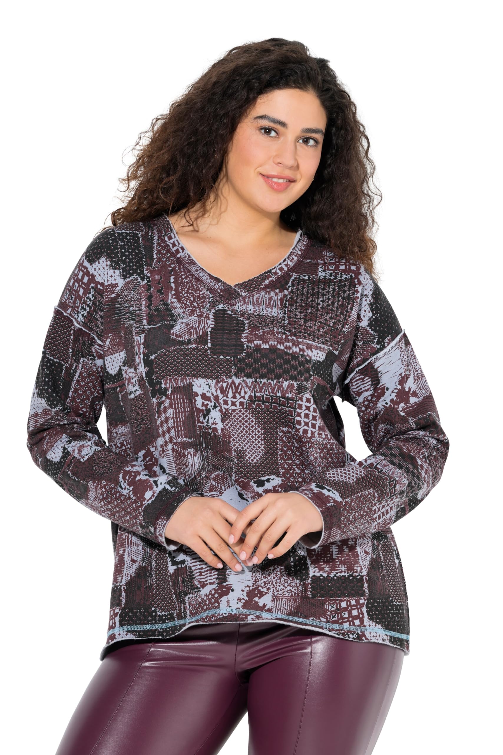 Ulla Popken Damen große Größen Übergrößen Plus Size Sweatshirt, Patchdruck, V-Ausschnitt, Langarm 844419