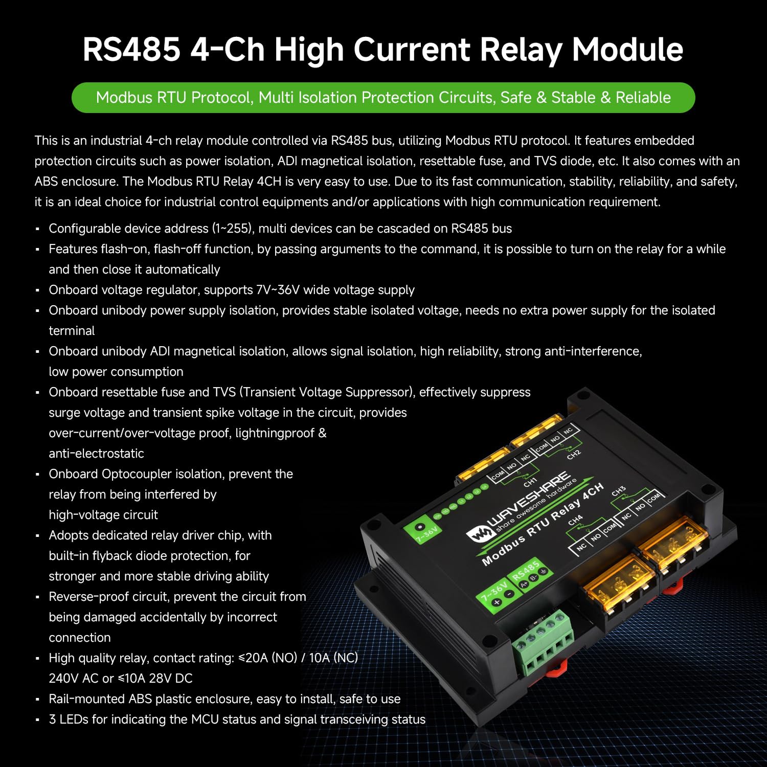 Waveshare Industrial Modbus RTU 4-Ch Relay Module With RS485 Interface, 30A High Current, Onboard LED Indicators, Multi Isolation Protection Circuits, Industrial Grade Rail-Mount Case