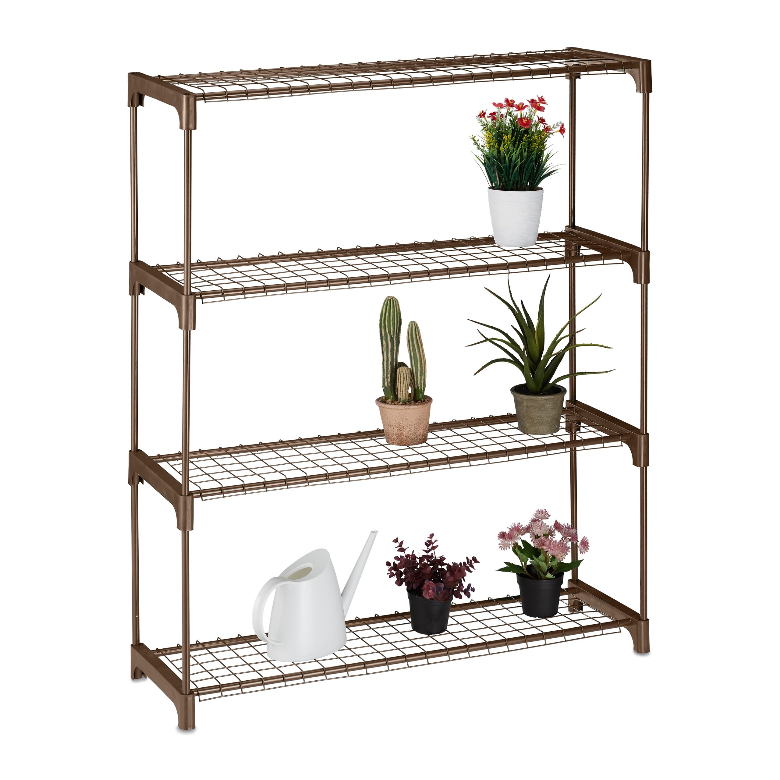 Relaxdays Plant Rack, 4, Stand for Flowers & Pots, Metal & Plastic, HWD: 106x91x28 cm, Shelving for Herbs, Brown, Steel