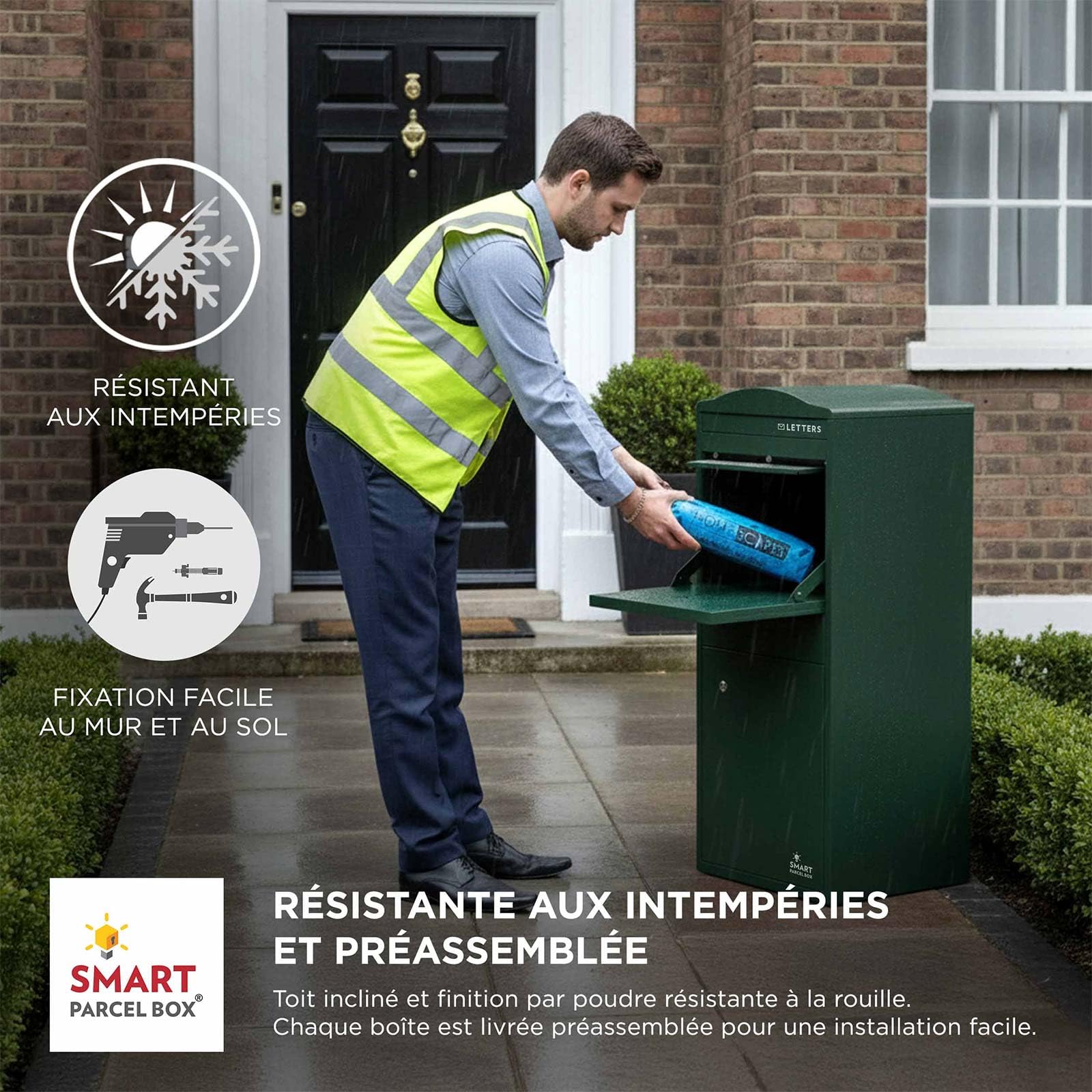 SMART PARCEL BOX Boite aux Lettres sur Pied, Boite à Colis extérieur, Acier galvanisé, Large, Serrure 3 clés, Vert foncé, 41.5 x 38.5 x 104 cm