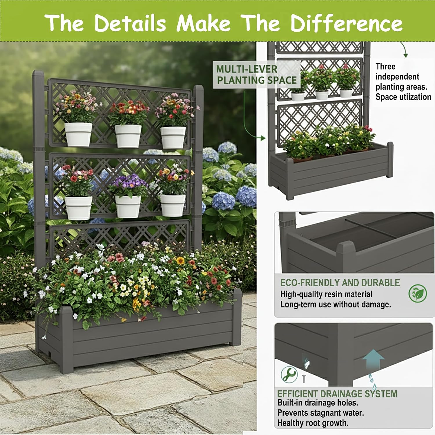 5.' Tall Raised Garden Bed with Trellis, Self Watering Planter Box for Outdoor Climbing Plants Resin Garden Lattice for Vegetables, Flowers, Tomato & Vine with Drainage Holes (Coffee, 2 Pack)