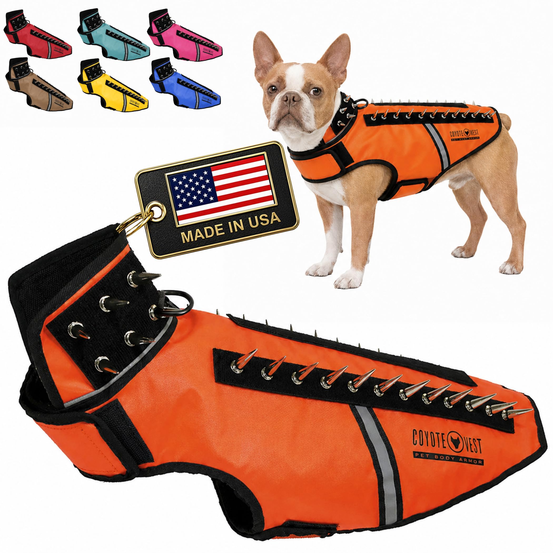 CoyoteVest SpikeVest Arnés para perros pequeños, chaleco reflectante con pinchos para proteger a tu mascota de halcones, coyotes, rapaces y ataques de animales, fabricado en EE. UU., naranja neón, M