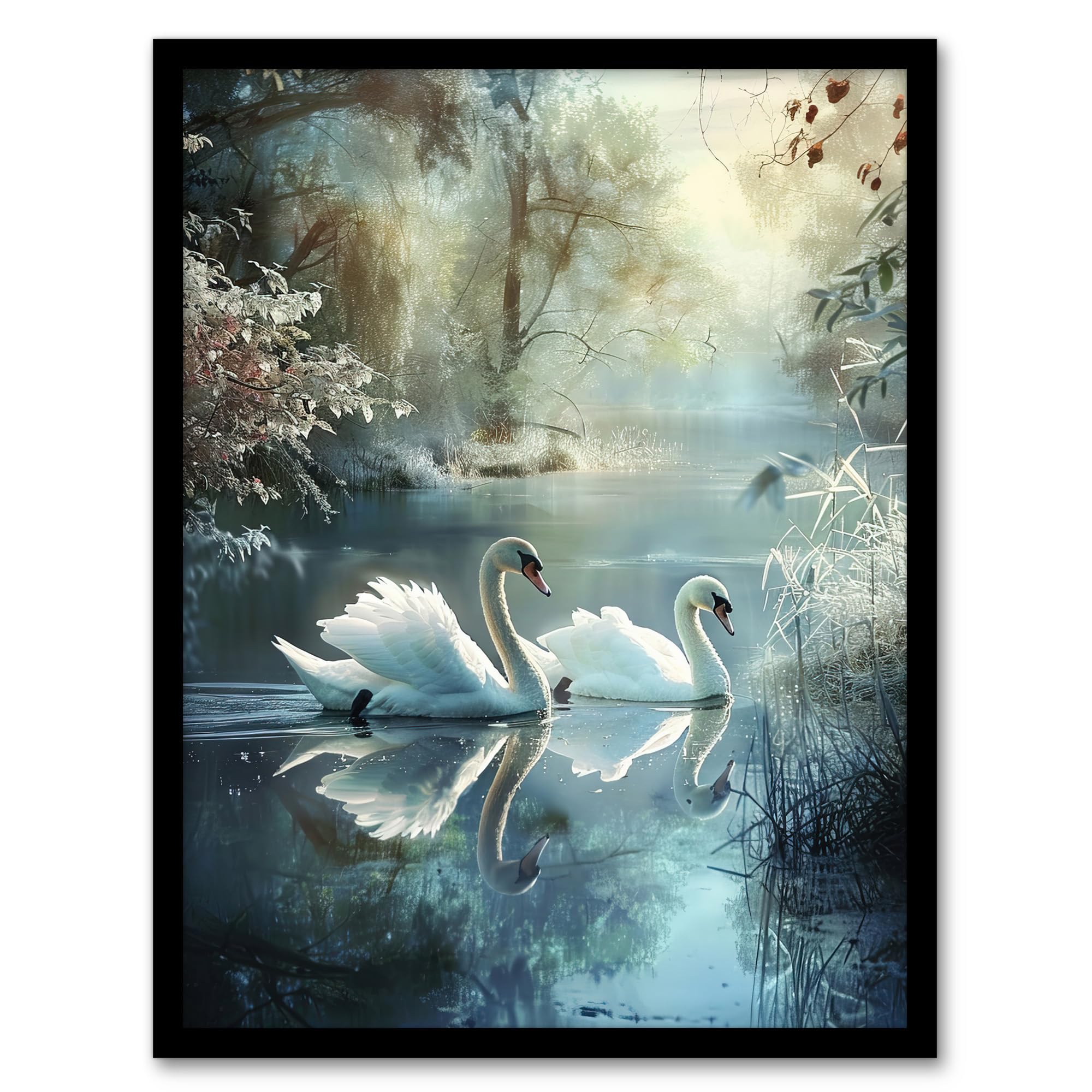 Artery8 Graceful Swans Tranquil Winter Lake Painting Living Room Artwork Framed Wall Art Print 18X24 Inch