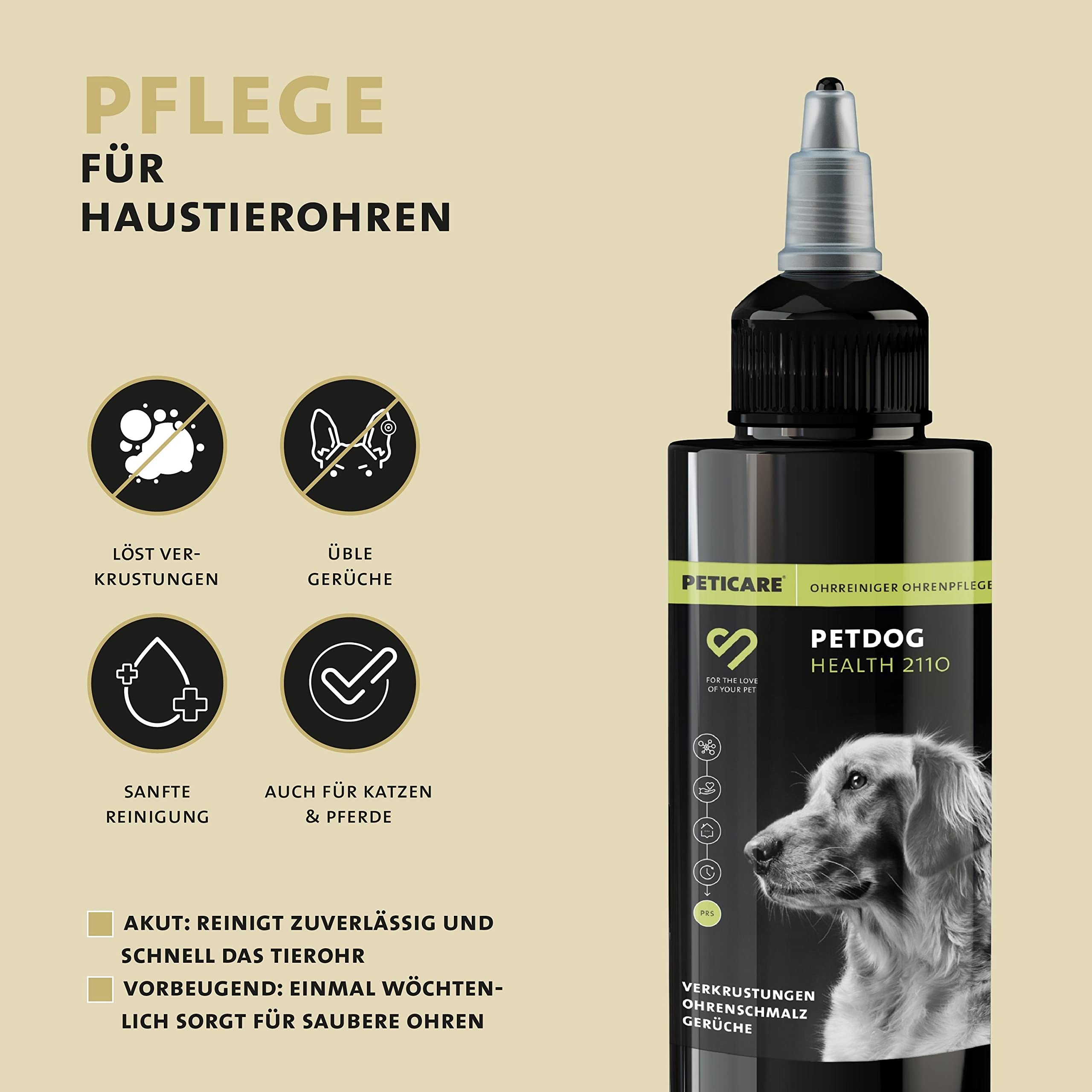 Peticare Ohrenreiniger für Hunde | löst Schmutz & Verkrustungen | beseitigt unangenehme Gerüche | schonende & sanfte Ohren-Pflege | einzigartiges PRS® System für Lange Wirkung - petDog Health 2110