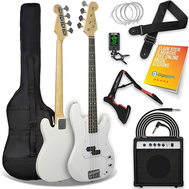 3rd Avenue Full Size 4/4 Electric Bass Guitar Beginner Pack Kit with 15W Amplifier, Tuner, Bag, Cable, Strap, Stand and Spare Strings  White