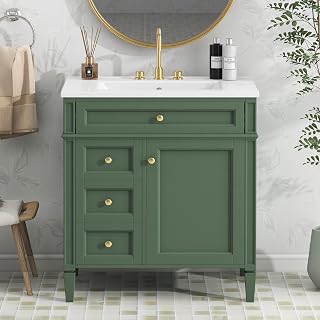 KZG 30" W Bath Vanity with Ceramic Top, Modern Bath Storage Cabinet Vanity with 2 Drawers and a Tip-Out Drawer (Green)