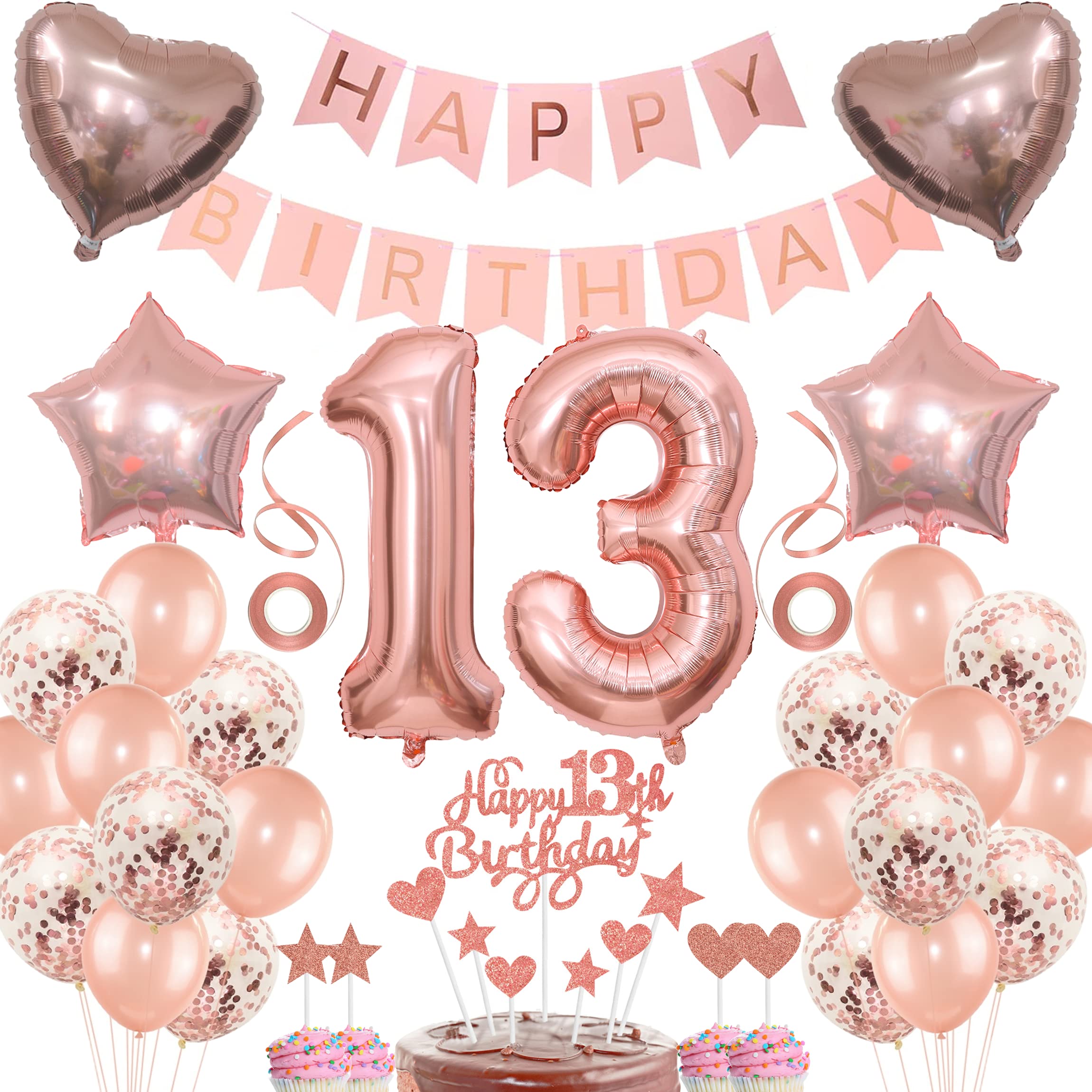 Rose Gold 13 Girls Birthday Decoration - Cake Topper, Balloons, Gift for 13th Birthday Celebration — image 1