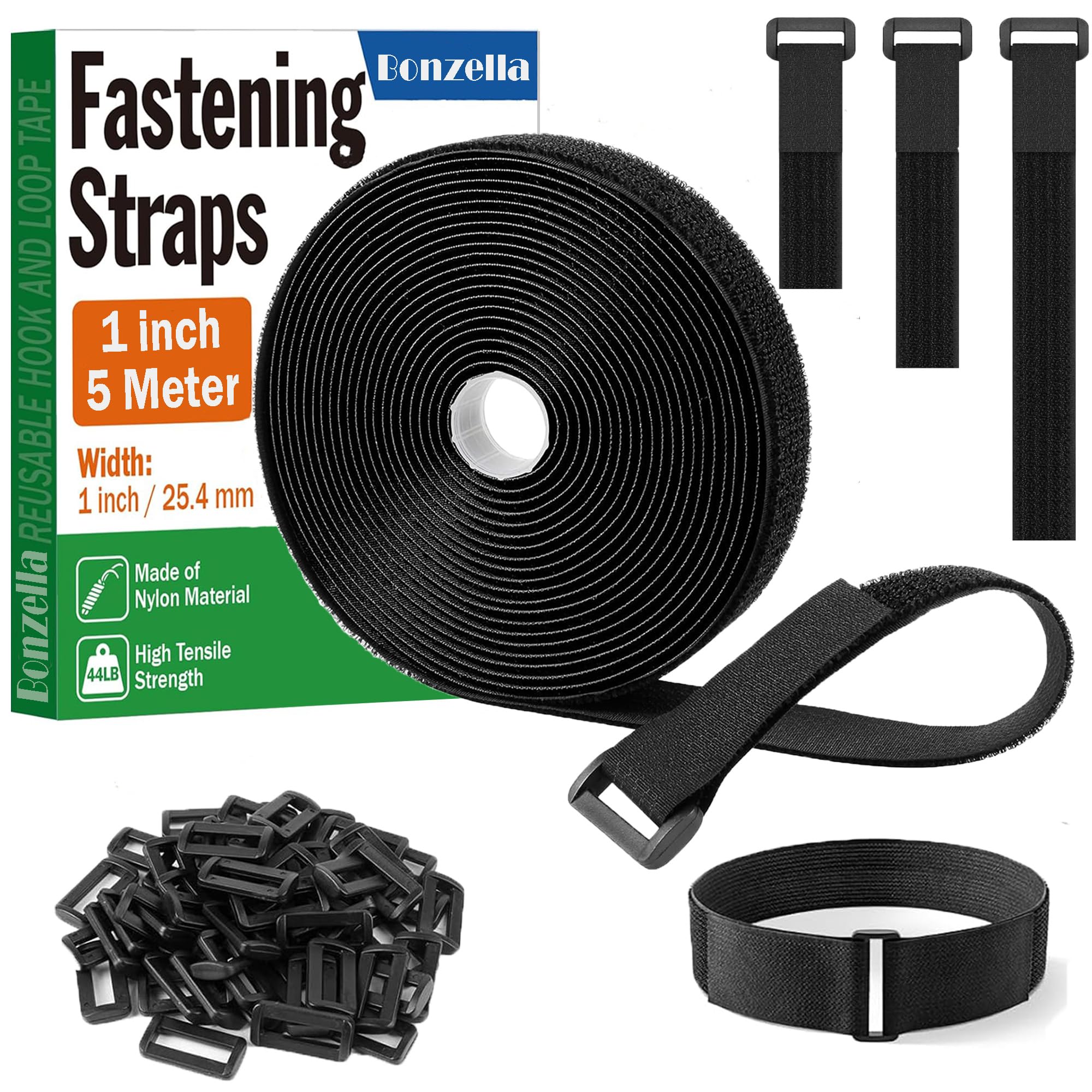 Bonzella Hook and Loop Straps with 25 Buckles, Adjustable Velcro Ties for Cable Cord & Wire Organizer, Multipurpose Hook & Loop Securing Fastener Ties, Free Cut Length, Reusable Cinch Strap(5M x 1IN)