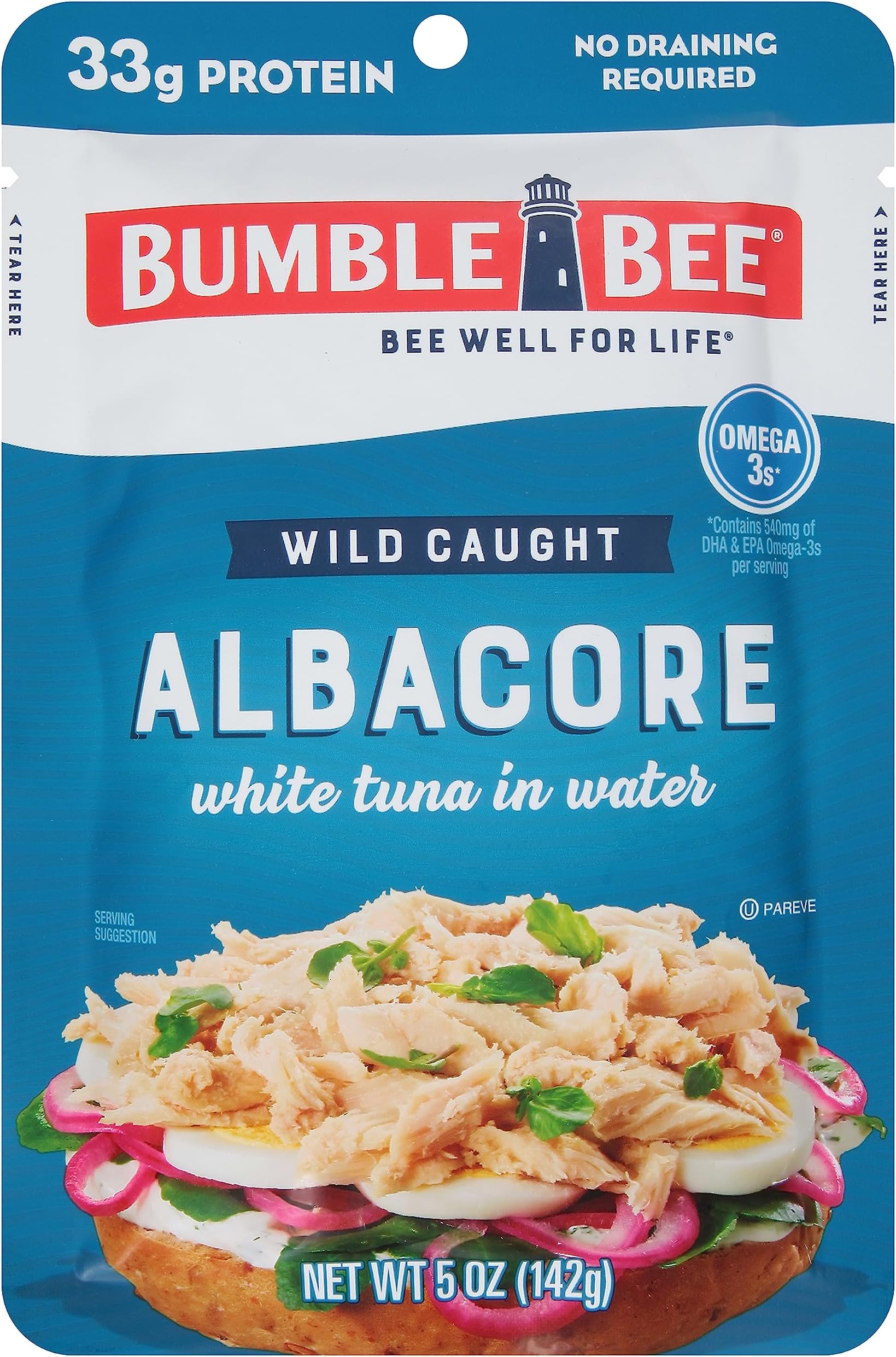 Chunk White Albacore Tuna in Water, 5 oz Pouch - Ready to Eat Wild Caught Tuna Packet - 33g Protein per Pouch, High in Omega-3s - Non-GMO, Gluten Free, Kosher