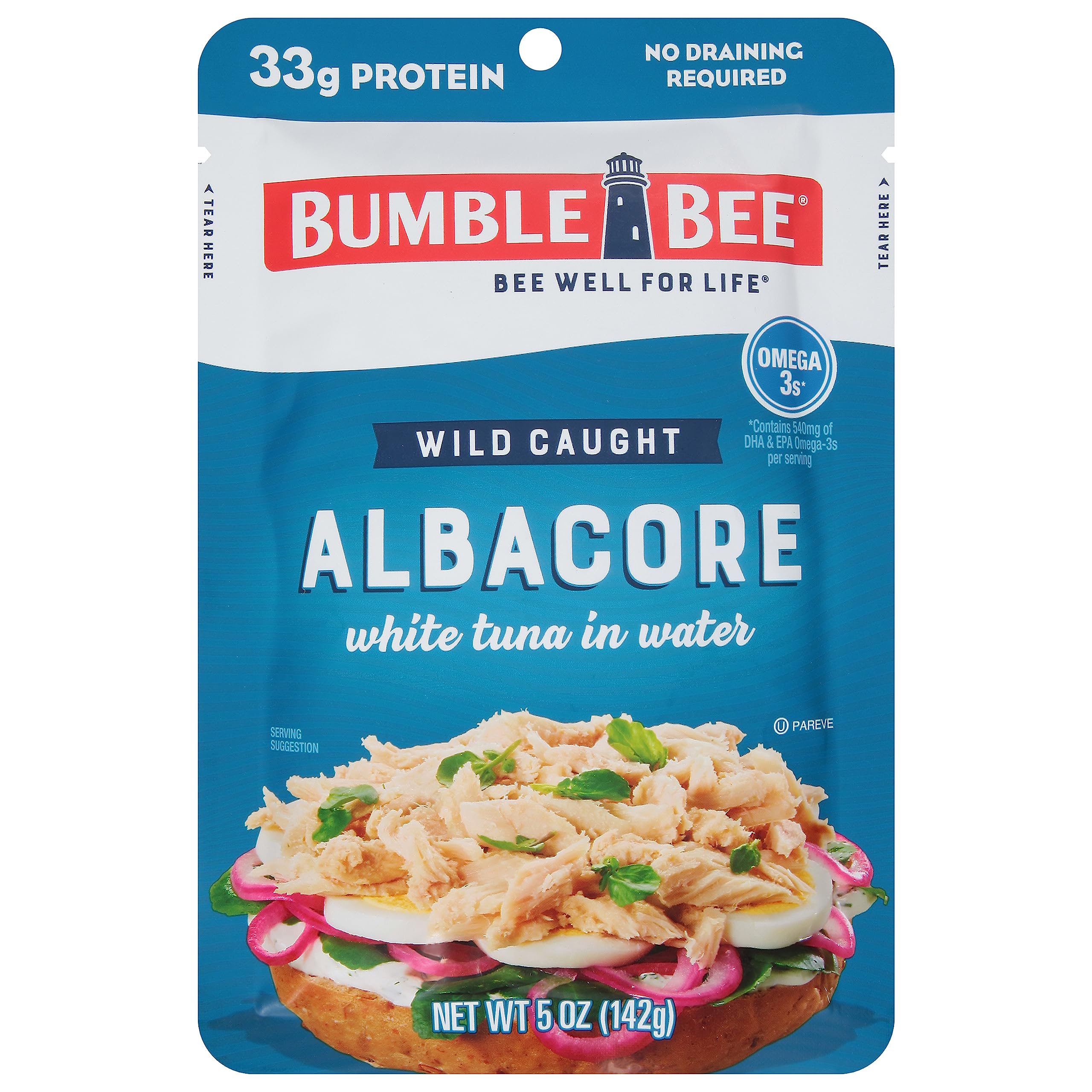 Bumble Bee Chunk White Albacore Tuna in Water, 5 oz Pouch - Ready to Eat Wild Caught Tuna Packet - 33g Protein per Pouch, High in Omega-3s - Non-GMO, Gluten Free, Kosher