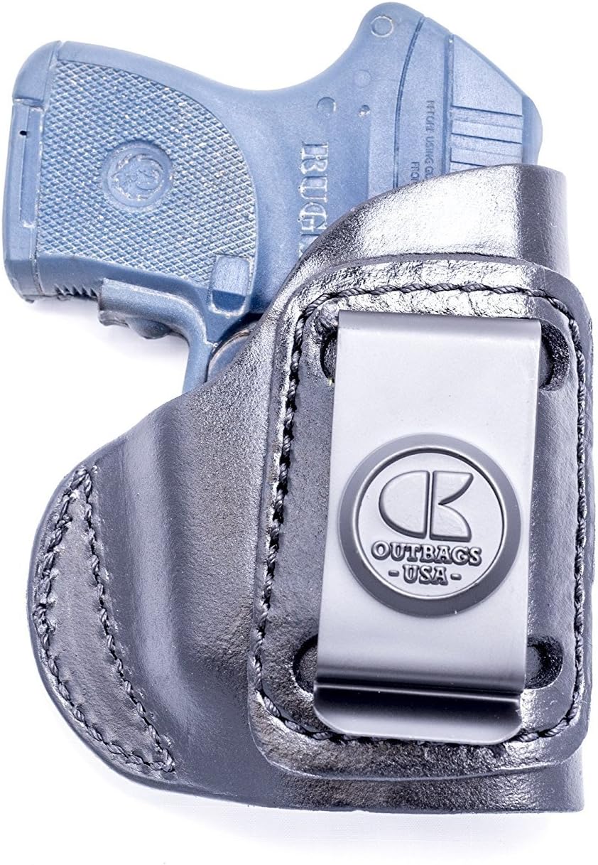OUTBAGS USA LS4LCPX (Black-Right) Full Grain Heavy Leather IWB Conceal Carry Gun Holster for Ruger LCP 380 with Crimson Trace Laser. Handcrafted in USA.