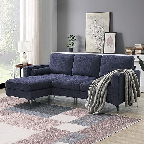 EZLUX L-Shape Sectional Sofa Modern Chenille Fabric Sofa-86 Convertible 3-Seat Reversible Chaise, 2 Pillows, Blue+Gray