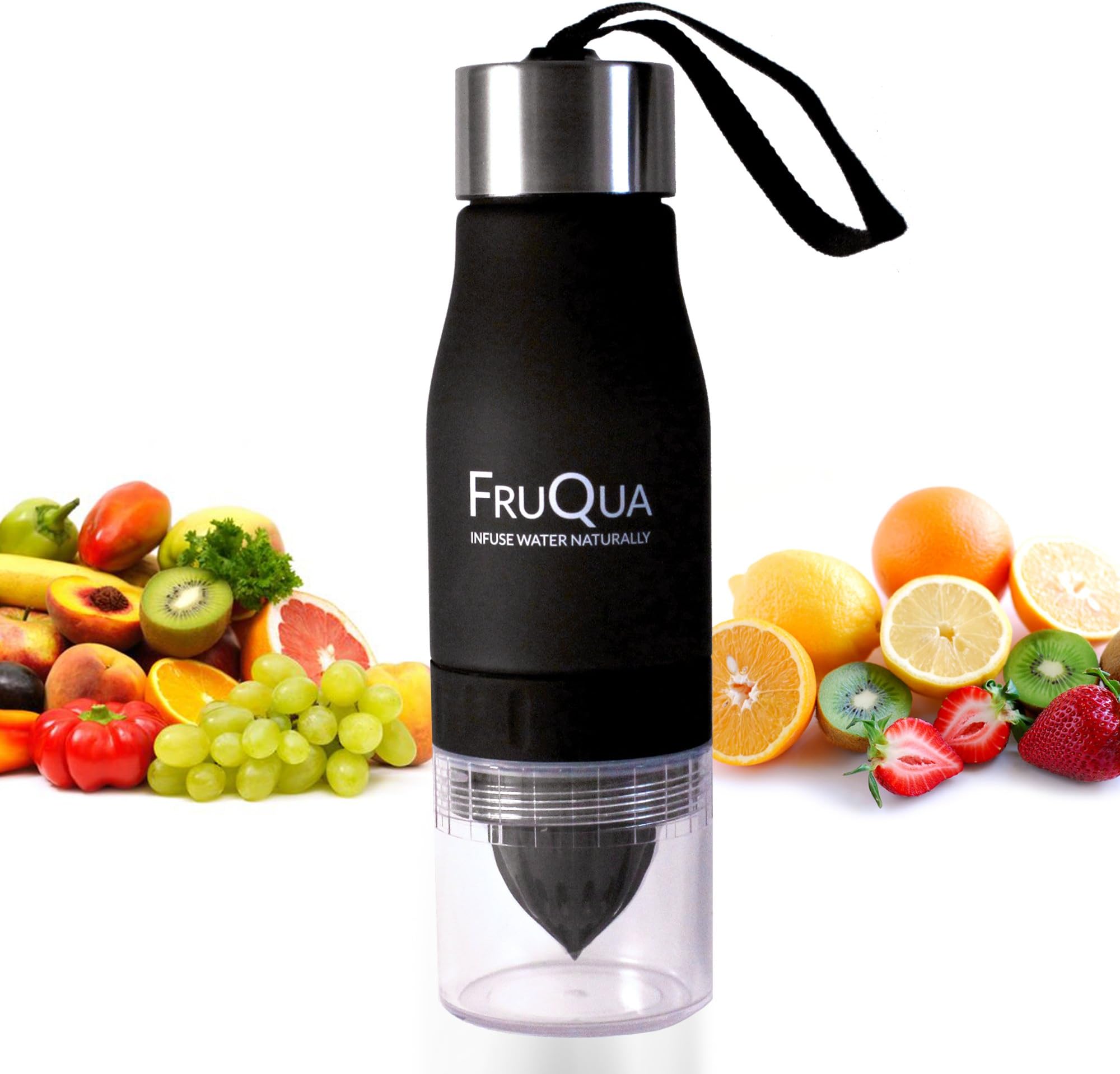 FruQua Fruit Infuser Water Bottle in Vibrant 8 Colours, BPA Free, 650ML for Drinking with FREE Fruit Infused Recipe eBOOK, Leak Proof, made with TRITAN material. (Black)
