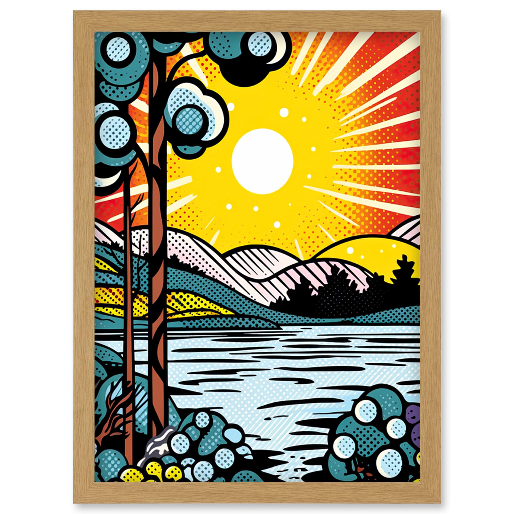 Artery8 Sunset Lakeside Landscape Comic Book Style Bubble Patterns Halftone Artwork Framed Wall Art Print A4