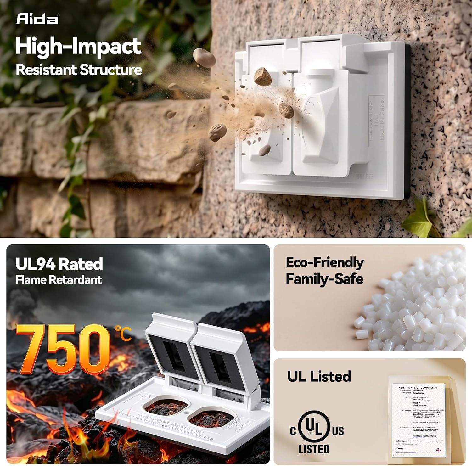 AIDA Weatherproof Duplex Outlet Cover, Horizontal 2-Hole 1-Gang Wall Plate for Duplex Receptacles, 4.55 x 3.02 Inch, Thermoplastic, White, 4 Pack