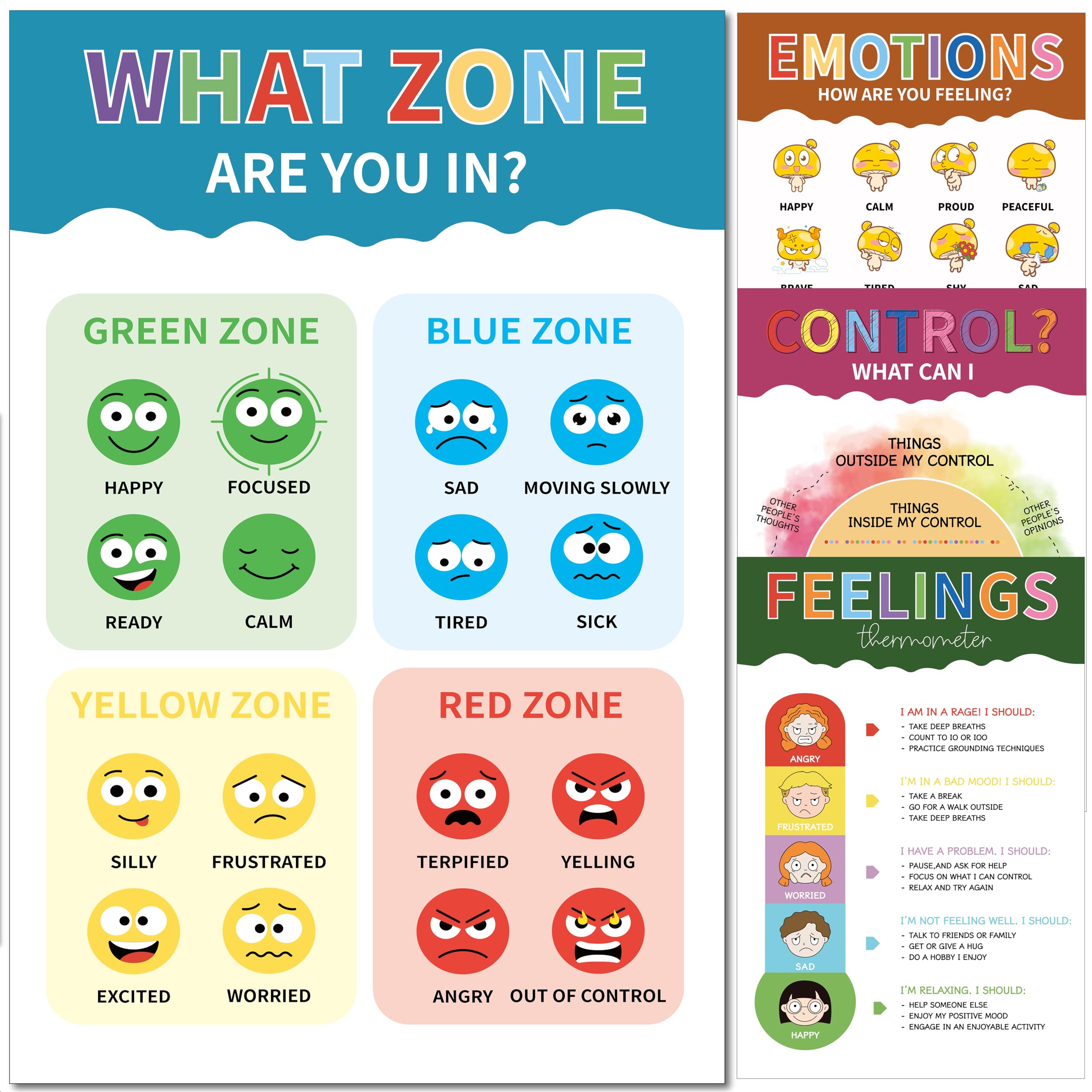 ARNOLILI Zones of Self-Regulation Posters for Kids - Feelings Chart & Calm Down Corner Supplies, Social Emotional Learning Tools for Classroom &
