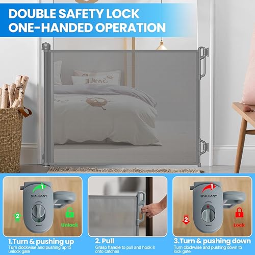 Miniatura 5 de Puerta retráctil de seguridad para bebés o puerta de malla para perros, puerta retráctil de malla portátil duradera, fácil de usar para escaleras,