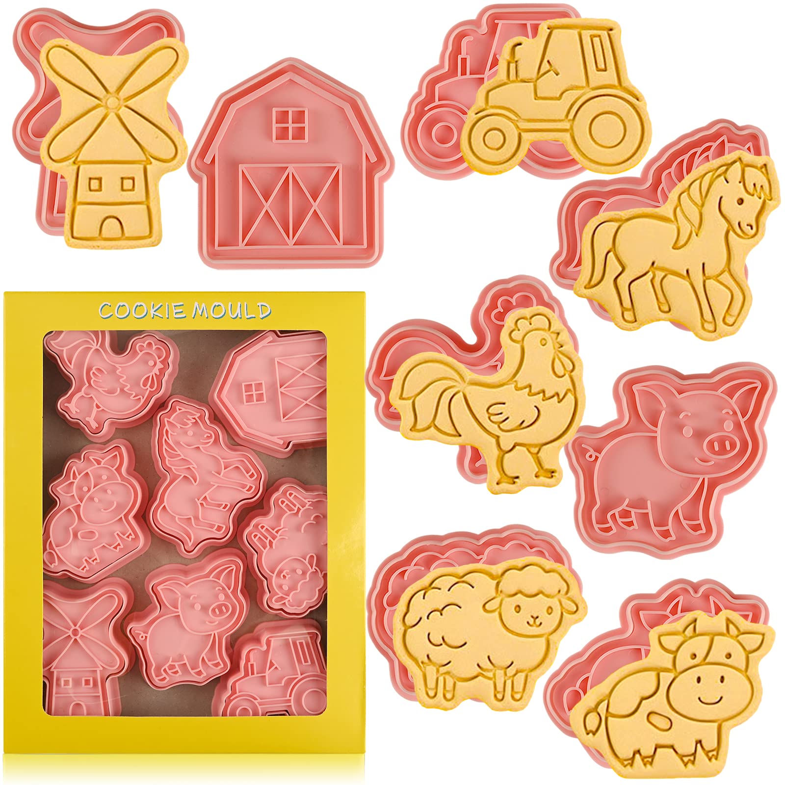 Farm Cookie Cutters Set, 8 Pcs Cookie Cutter with Plunger Stamps, Cute Cookie Cutters for DIY Biscuit Snacks Cheese Baking