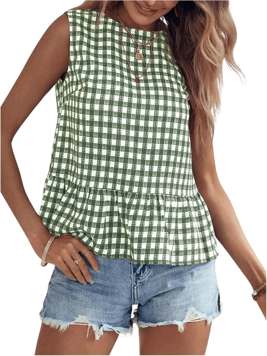 Floerns Women's Gingham Print Sleeveless Round Neck Ruffle Hem Peplum Blouse Top