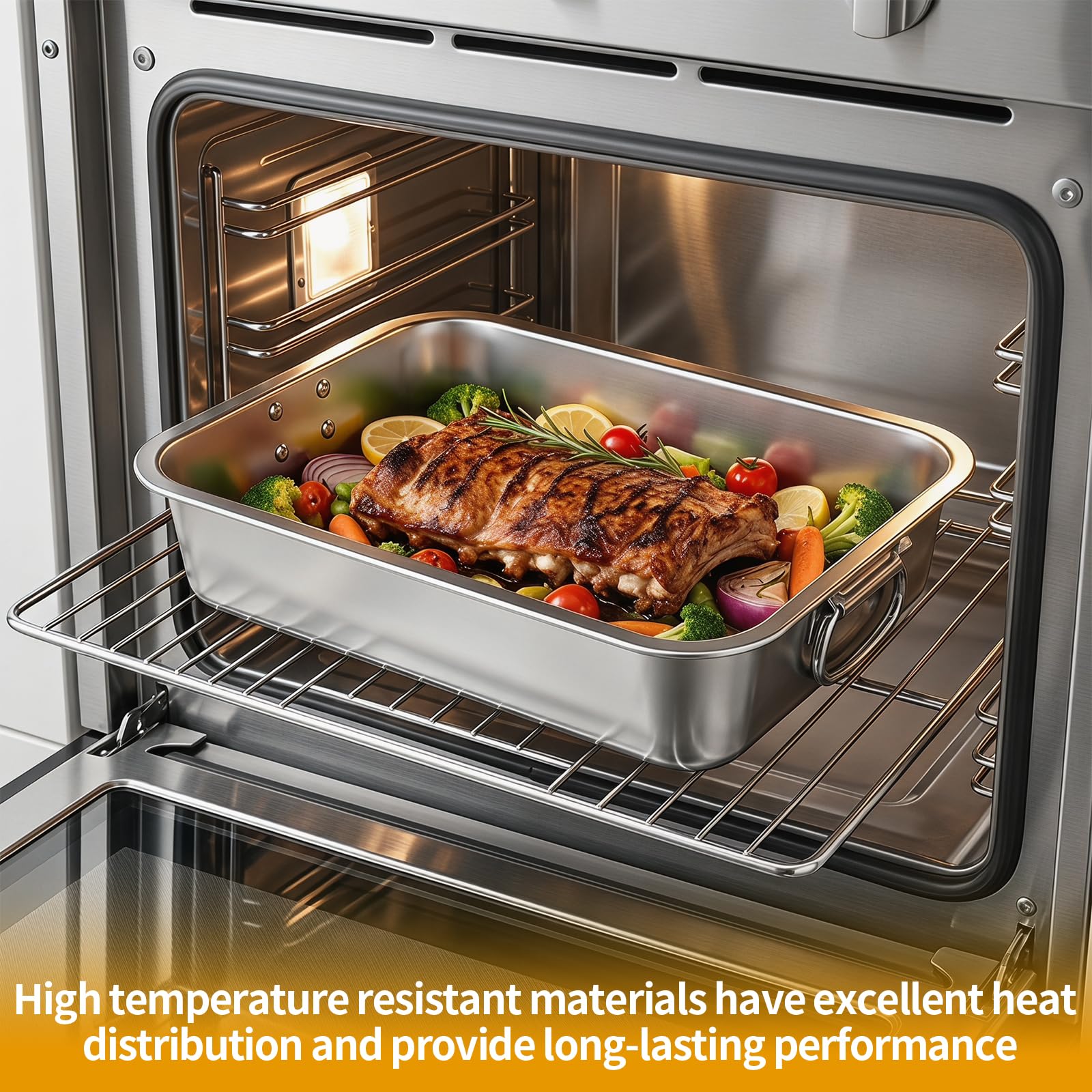 2 teglie da forno profonde in acciaio inox, 40 x 30 x 7 cm, rettangolare, con manici mobili, per cucinare carne, lasagne, tacchino