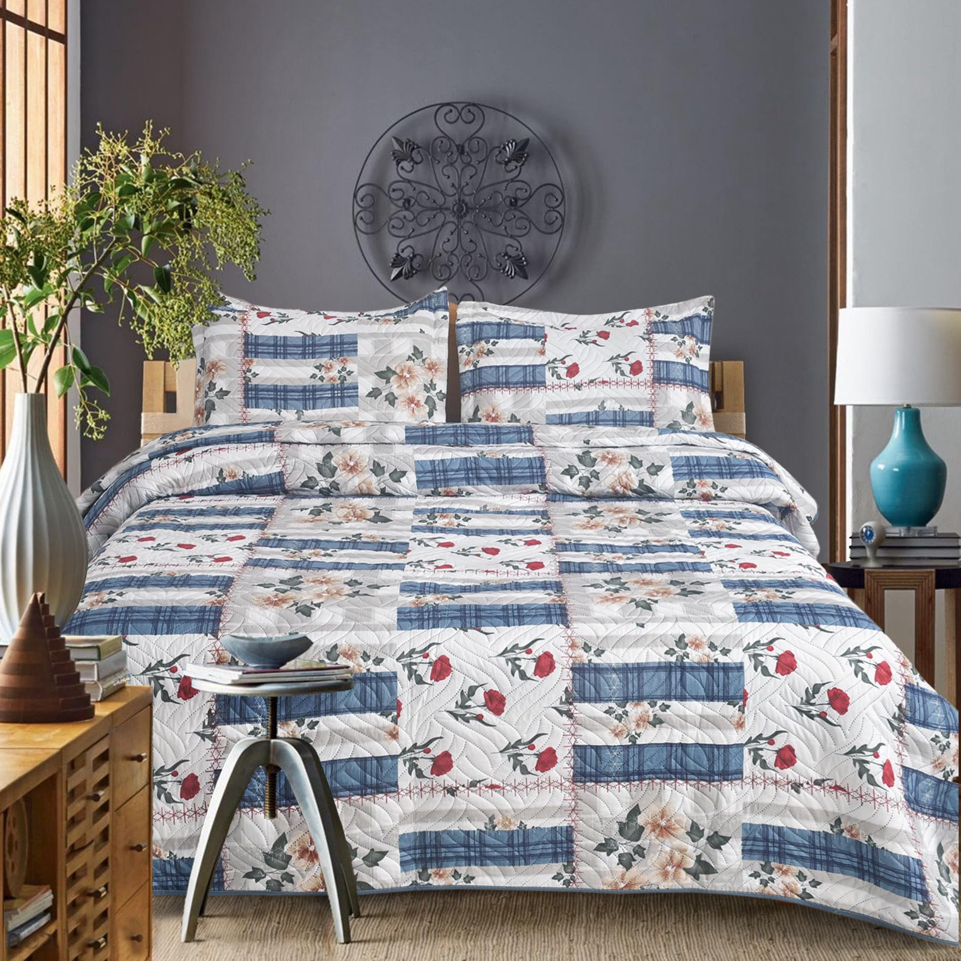 Hadi London 3Pcs Patchwork Quilted Bedspreads with 2 Shams | Reversible Floral Print | Lightweight Quilt Comfort | Fits Double and King Size Beds 220x240cm | 30 Unique Designs (MILAN-127)