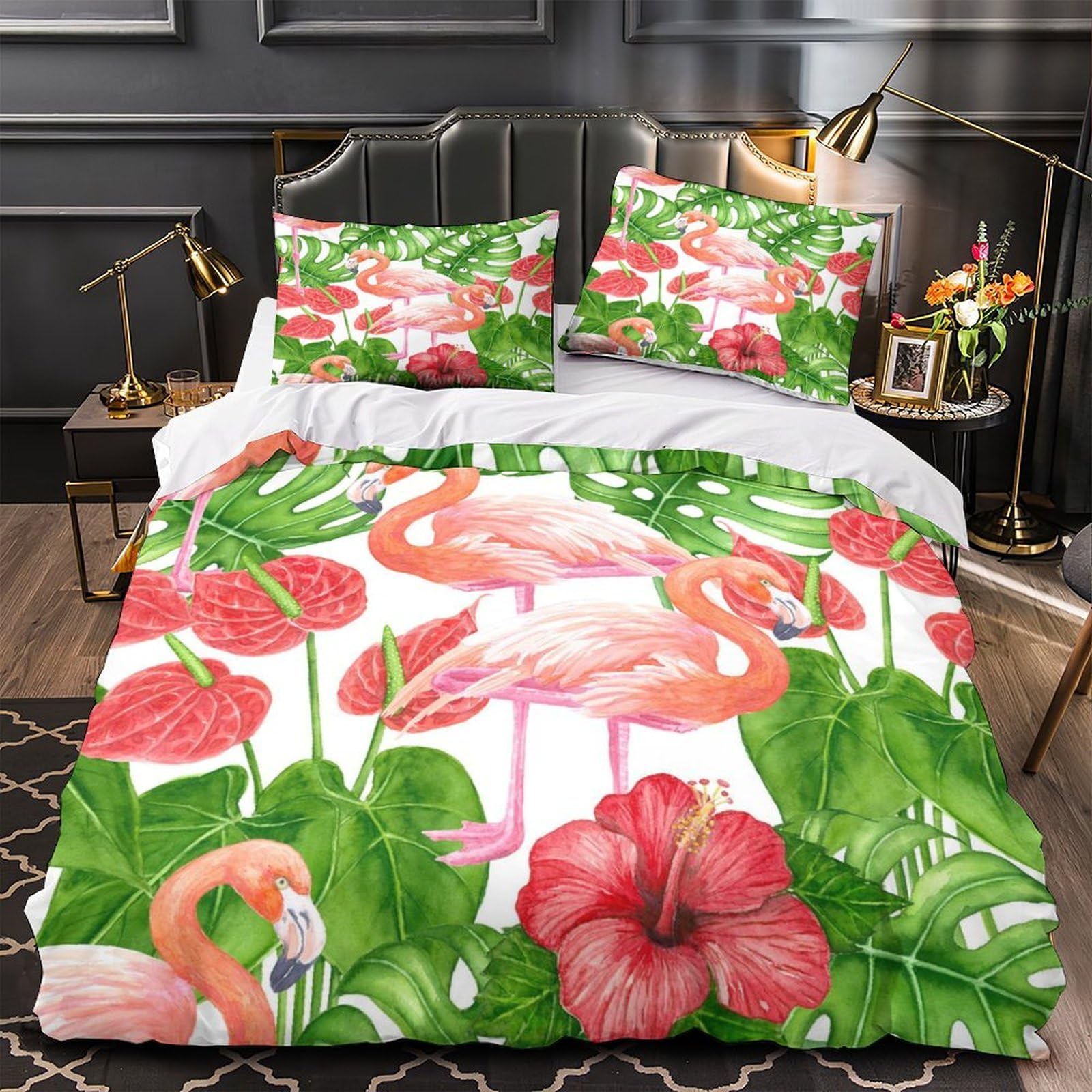 Housse de couette flamant rose effet 3D anti-plis pour lit simple