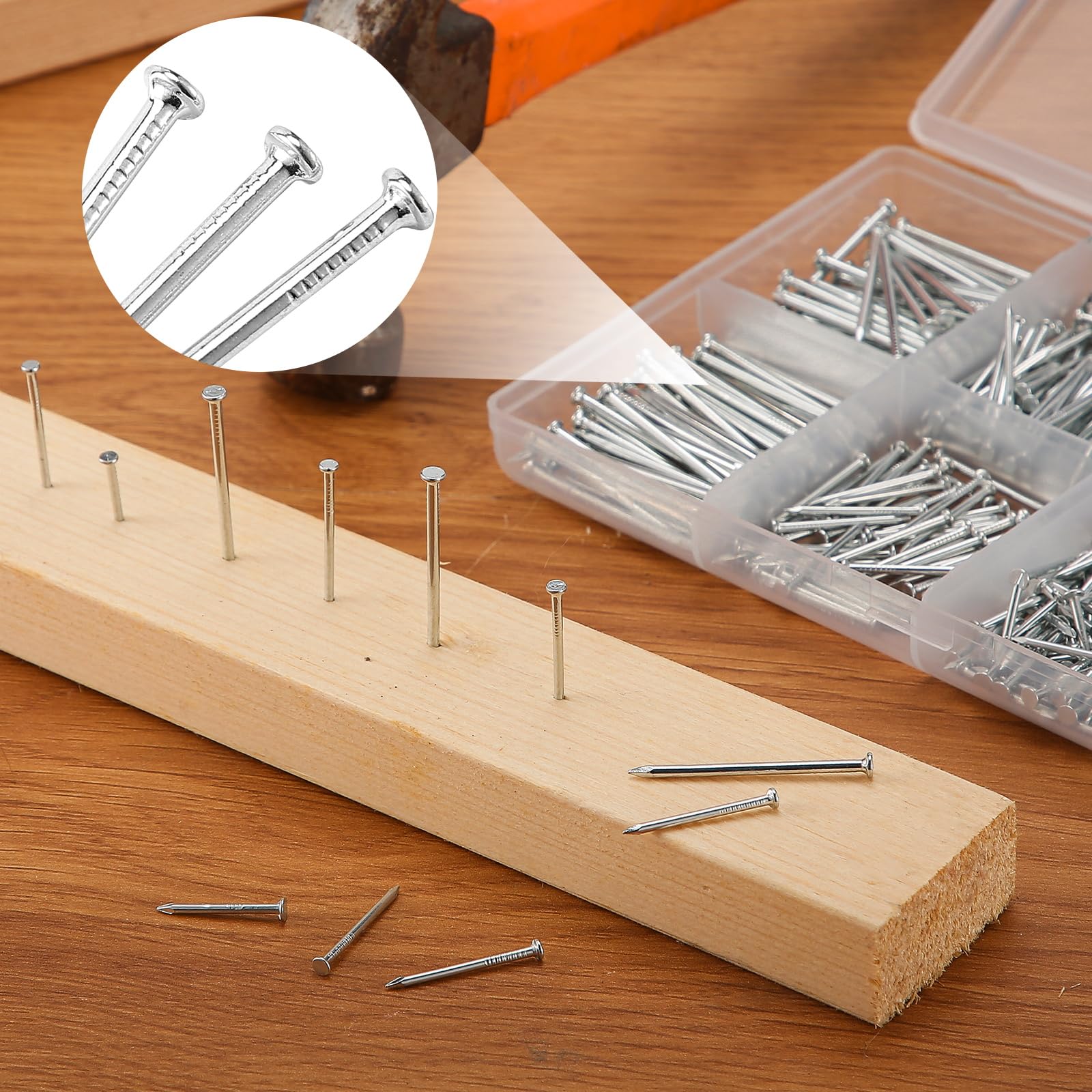 OMOTOOL Set di chiodi in acciaio (900 pezzi), chiodi in cemento zincato per appendere immagini e lavorazione del legno, per cartongesso e pino, 8 misure