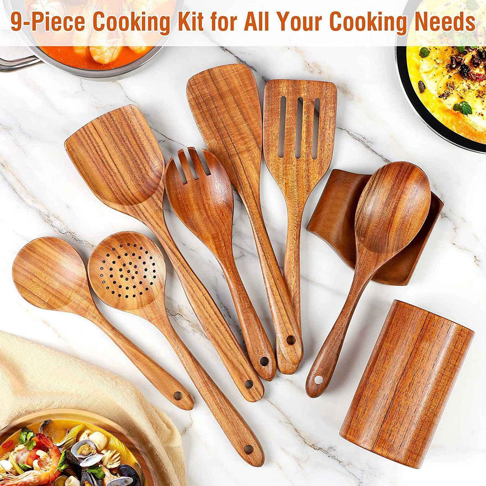 36 Cucharas de Madera para Cocinar, Utensilios de Madera para Cocinar con Soporte para Utensilios, Juego de Utensilios de Cocina de Madera de Teca