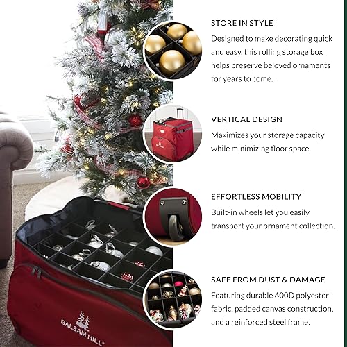 Miniatura 2 de Balsam Hill Cofre de adornos rodantes de lujo, 100 piezas de almacenamiento de decoración navideña con divisores y bandejas