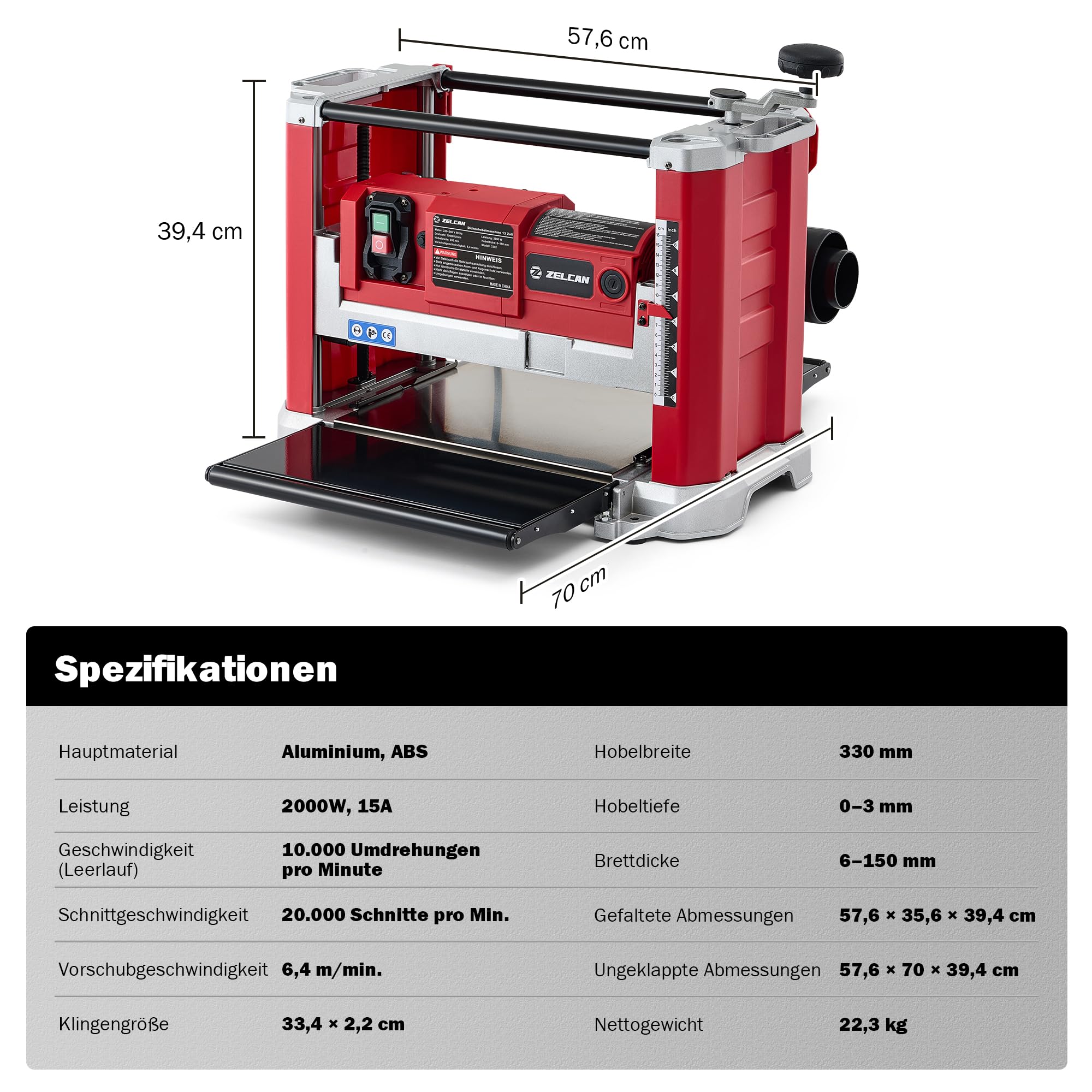 ZELCAN Dickenhobelmaschine 2000W Hobelmaschine Dickenhobel 20000 Schnitte/Min, Elektrohobel 2 Hobelmesser Durchlasshöhe/-breite: 15cm/33cm, Spanabnahme max.: 3 mm mit Absaugung