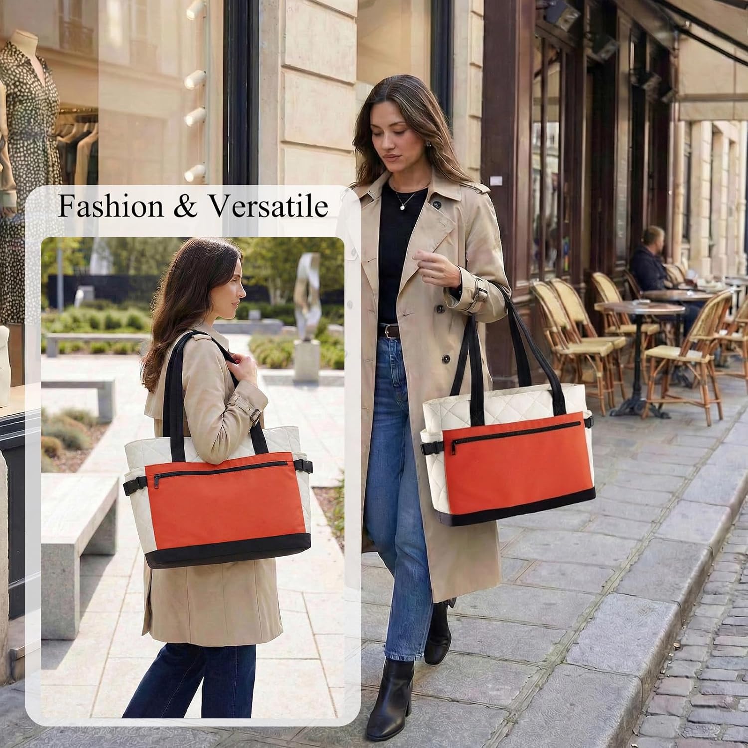 Puffer Tote Bag for Women, Work Bag with Cup Holder, Teacher Bag with Compartments, Quilted Tote Bag with Zipper for Travel