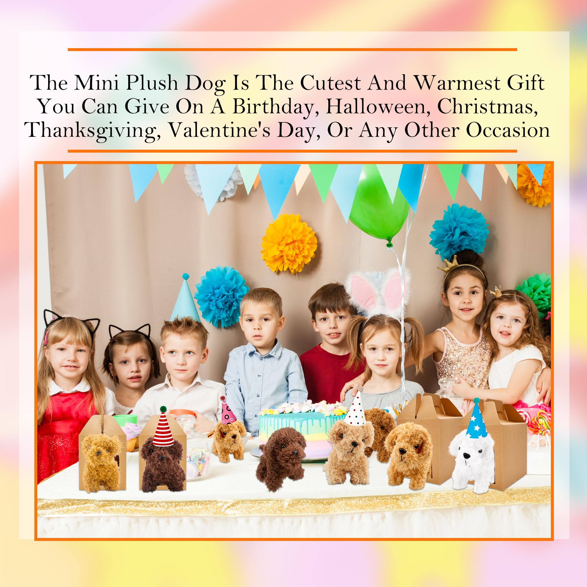 Haconba Juego de 12 recuerdos de fiesta de perro de peluche con 12 mini animales de peluche de peluche, 12 sombreros de cumpleaños y 12 cajas de papel kraft para adoptar una mascota suministros de