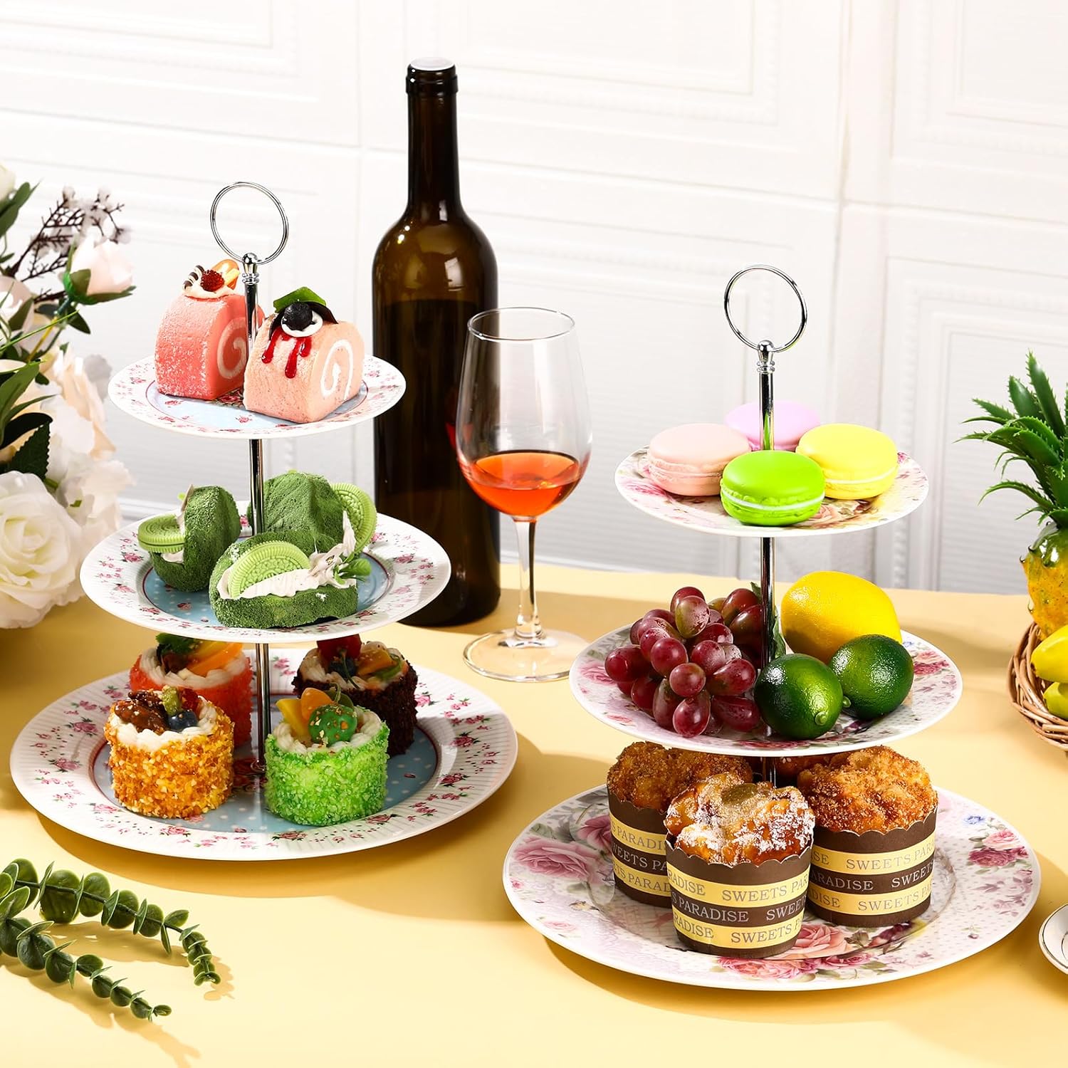 Dandat 4 Pcs 3 Tier Cake Stand Floral Ceramic Afternoon Serving Tray Porcelain Dessert Stand 6" 8" 10" Cake Stand 3 Tier Serving Platter for Tea Party, Wedding and Birthday, 4 Colors