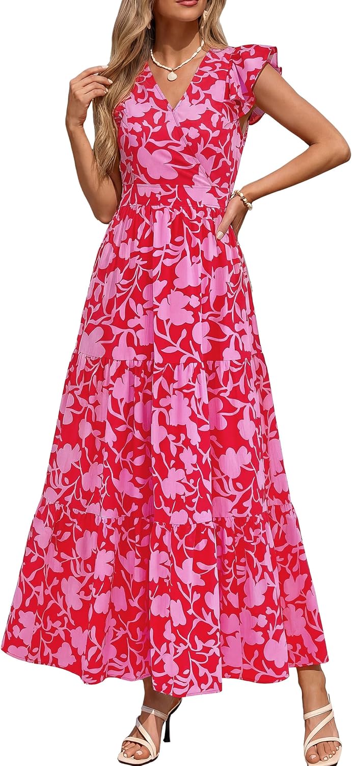 PRETTYGARDEN Women's Spring Summer Maxi Dresses 2026 Casual Wrap V Neck Floral Ruffle Sleeve Flowy Long Beach Boho Sun Dress - Image 2