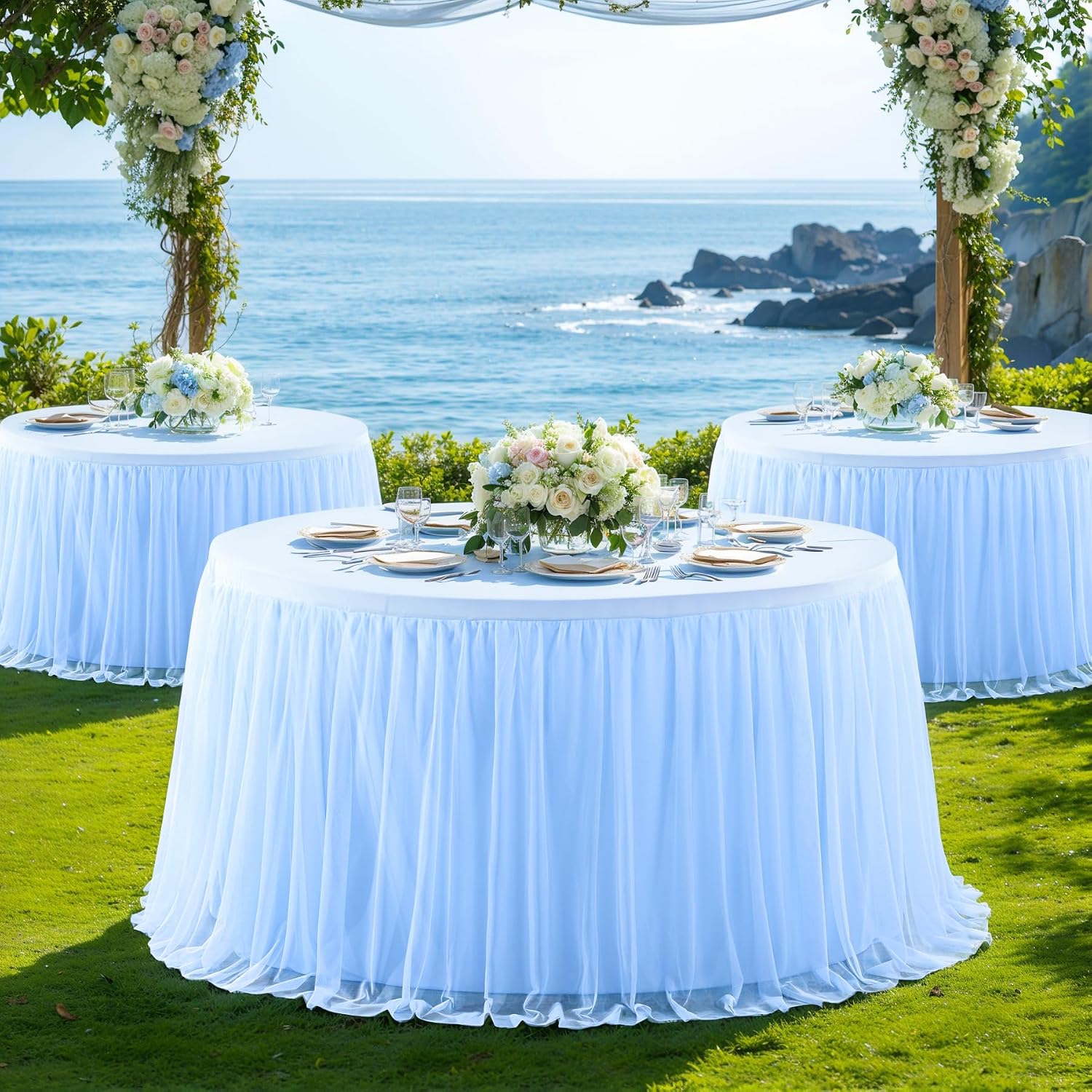 Round Tulle Tablecloth Table Skirt Wrinkle Free Ruffle Tutu Tablecloth Stretch Fitted Round Table Cover for Party Wedding Baby Shower Birthday, Baby Blue, 48inch in Round