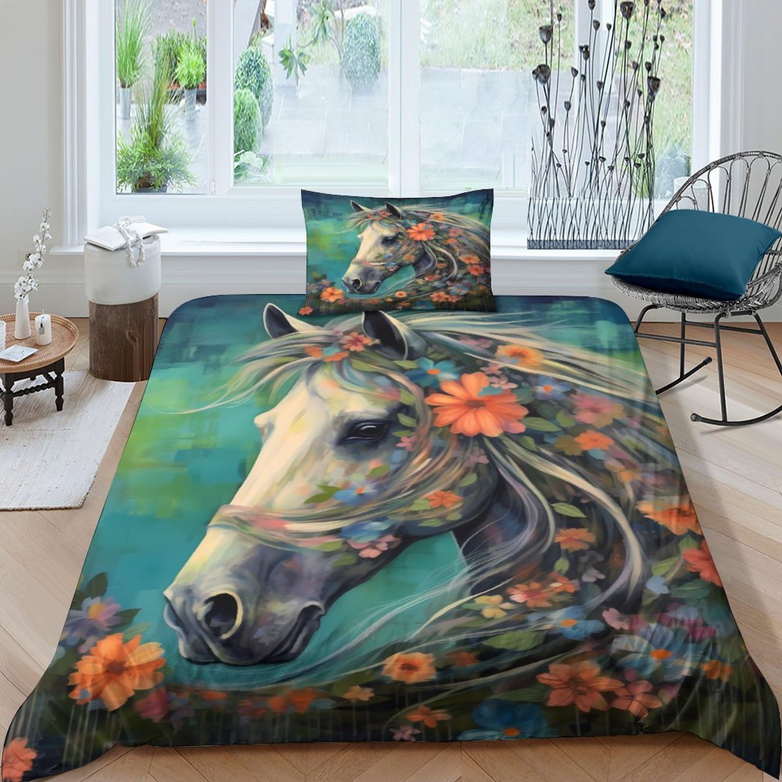 Housse de couette fermeture éclair 135x200 fleurs et chevaux sans pli