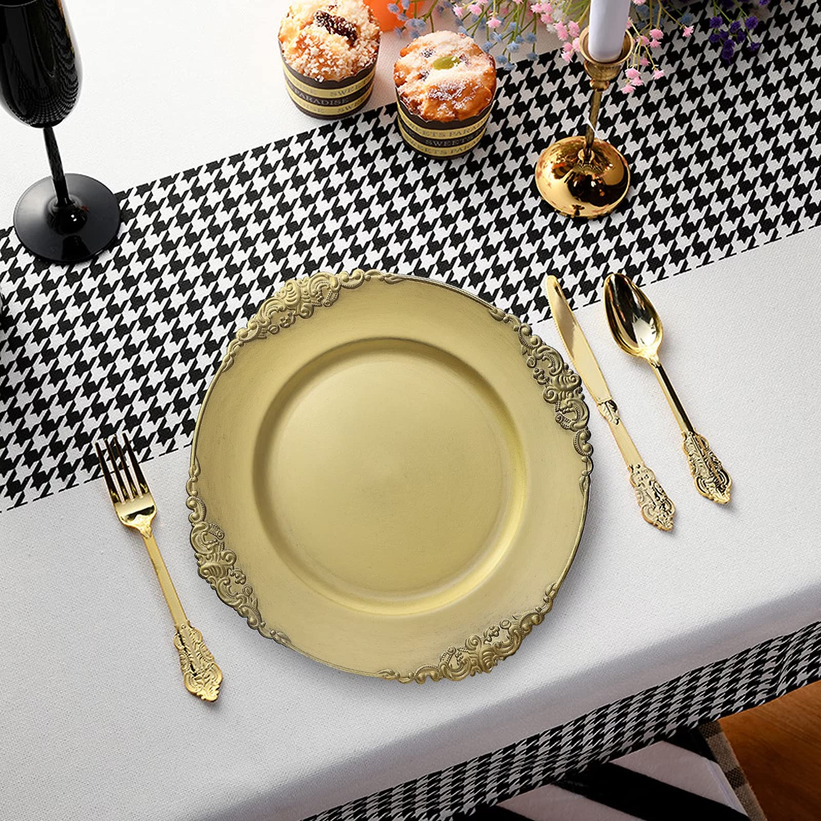 Leemxiiny Antique Matte Gold Charger Plates, 13" Elegant Plastic Set of 6 Chargers for Dinner Plates for Table Decoration, Wedding, Thanksgiving, Christmas