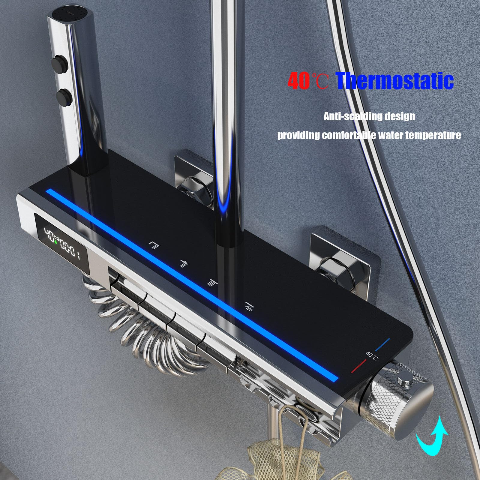 Termostatyczny system prysznicowy 325x200 mm Ulepszona kwadratowa głowica prysznicowa z deszczownicą Cyfrowy wyświetlacz Oświetlenie otoczenia Zestaw baterii,Chrom