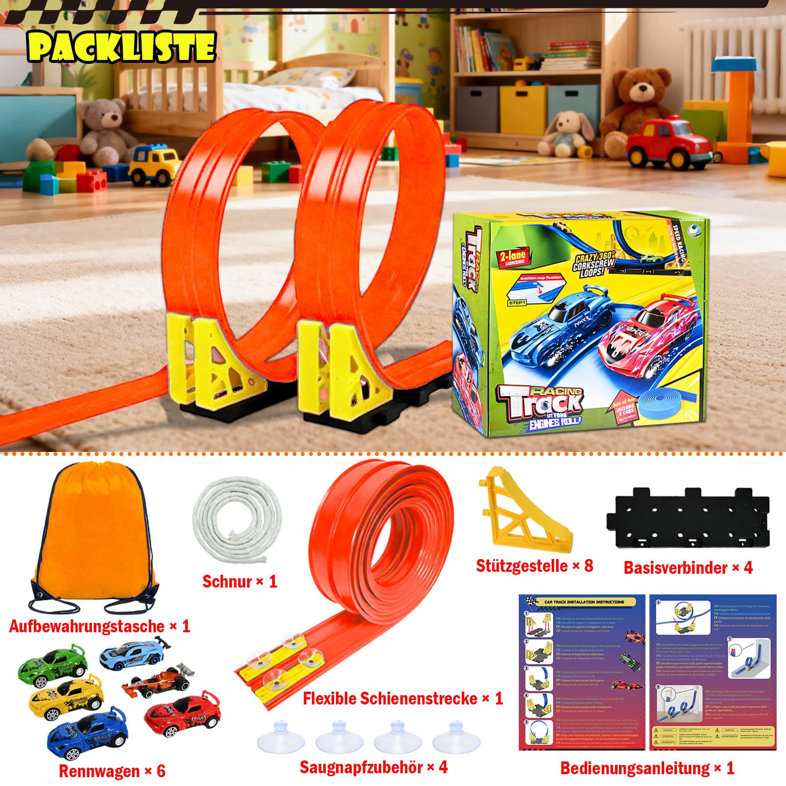 Rennbahn Kinder 5M, Autorennbahn Flexible mit 6 Autos, Rennstrecke Auto Autobahn Kinder Rollt Auf Dual Rennbahn Rampen, Autorennbahn Race Car Track für 1/64th Autos, Geschenk ab 3+ Jahr(Orange)
