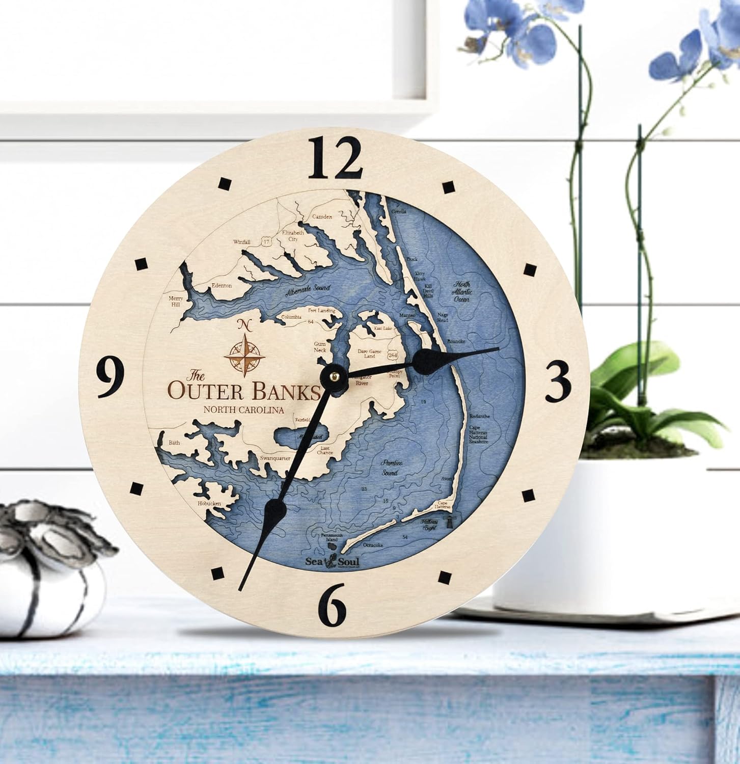 Sea & Soul Outer Banks 3-D Nautical Wood Chart 12" Wall Clock, Handcrafted in The USA, Topographic Water Map Clock, Carved Lake Art Wall Clock, Coastal Décor (Deep Blue)