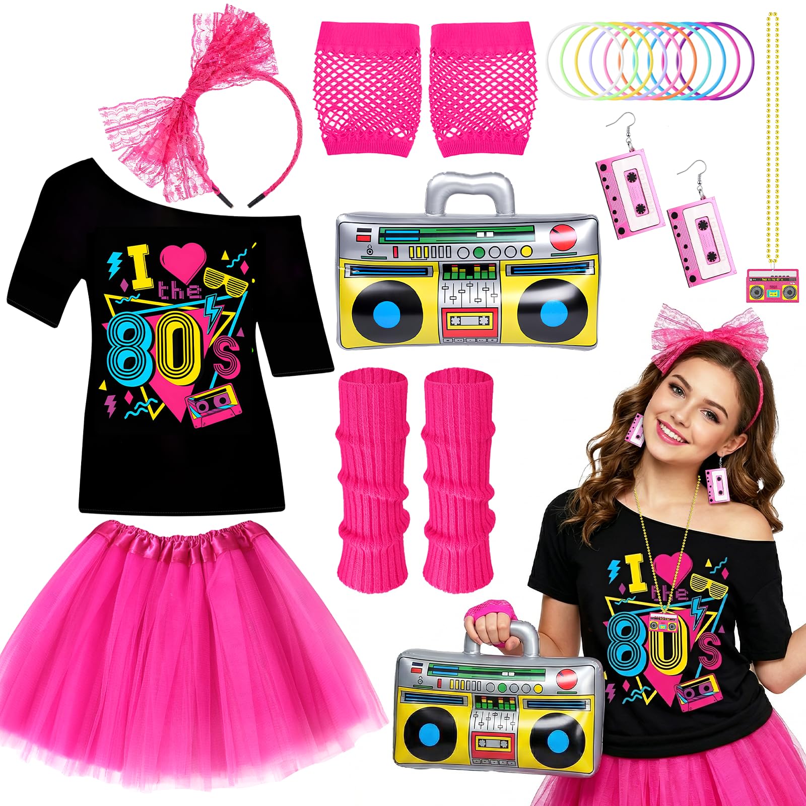 Wynlora 9Pcs 80s Costume Accessories Set for Women, 1980s Fancy Dress Kit with T-Shirt Tutu Skirt Headband Earrings Necklace Bracelet Leg Warmers Fishnet Gloves for Retro Theme Party Cosplay