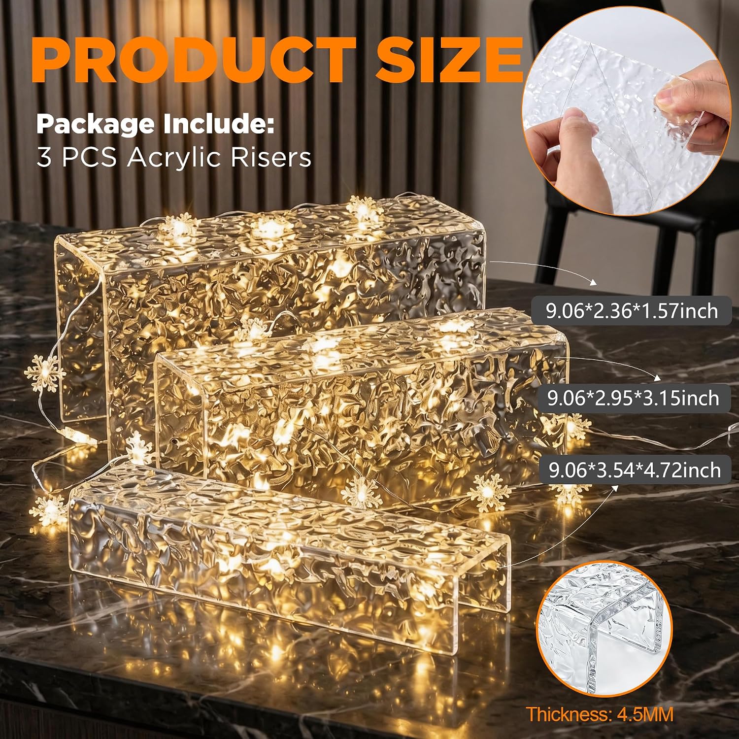 3 Pcs Clear Acrylic Display Stand with Crystal Texture, 4.5mm Thick Premium Acrylic Riser Set for Jewelry, Desserts, Handbags & Collectibles, Multi-Size Display Holder for Party & Home Decor