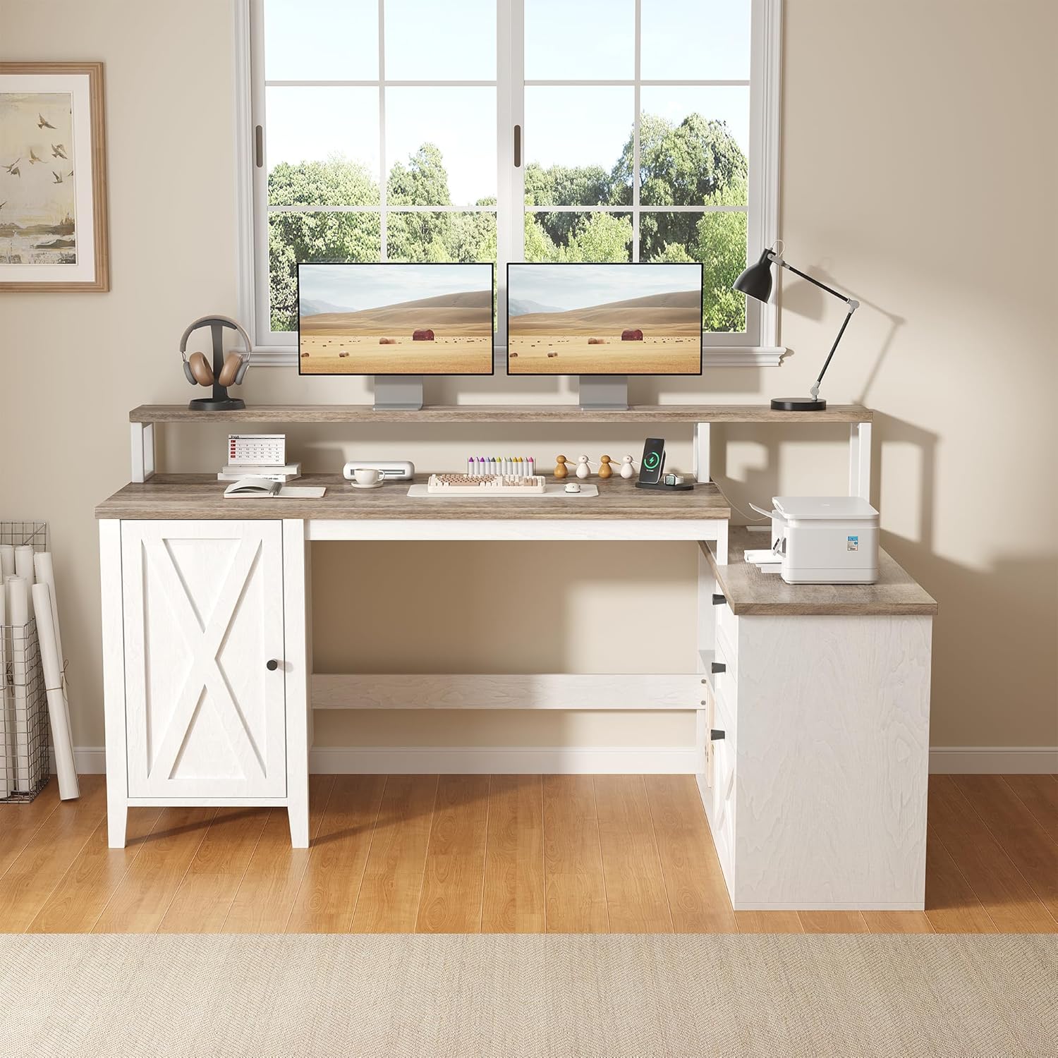 Farmhouse L-Shaped Desk with Power Outlet & LED Lights, Large Corner Computer Desk with 3 Drawers & Cabinet, 58 Inch Office Desk for 2 Monitors, Printer, Rustic Brown & White