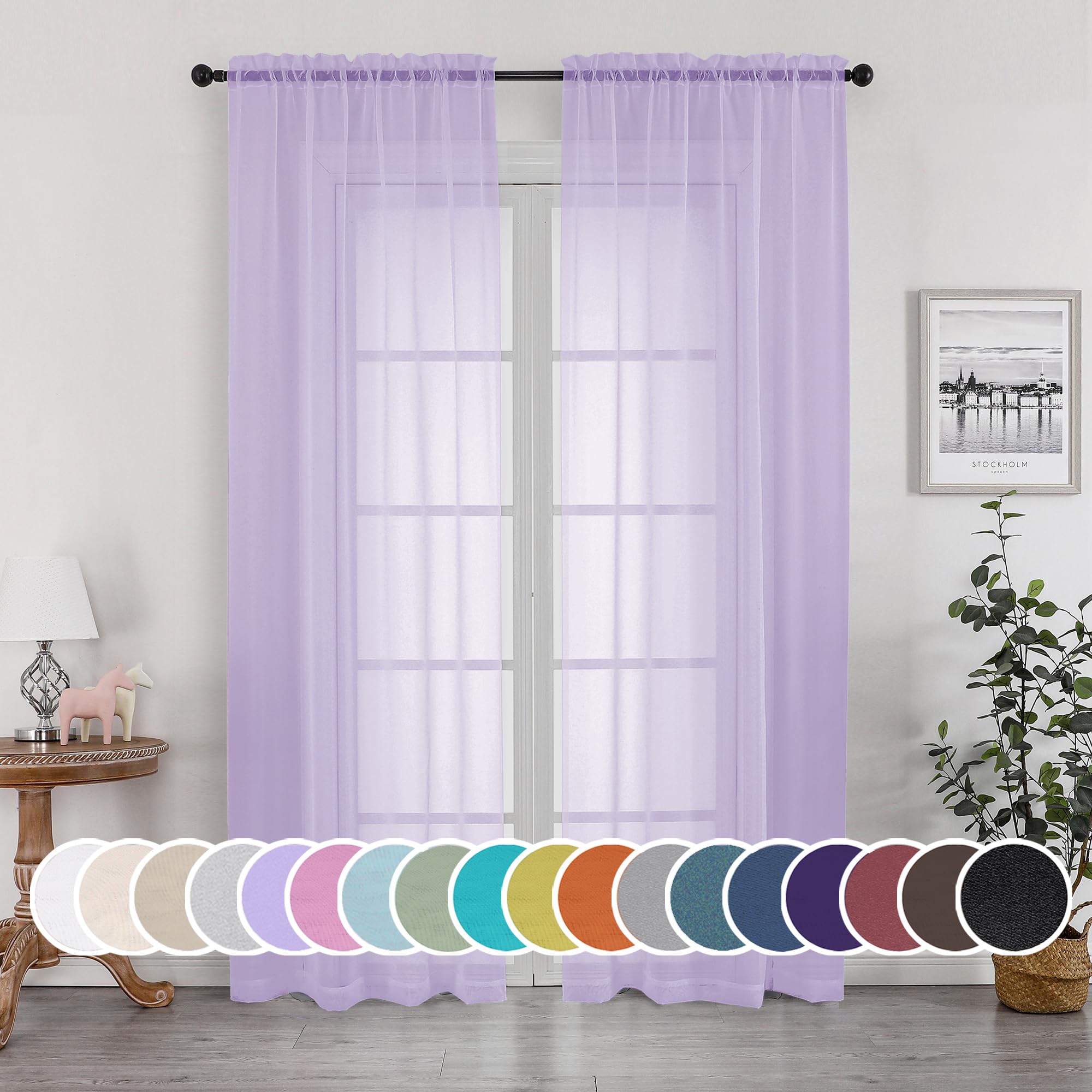 OWENIE Sheer Curtains 84 inches Long for Bedroom Living Room 2 Panels Set, Rod Pocket Soft Light Filtering Privacy Fimly Sheer Curtains & Drapes, Solid Purple Window Treatments, 42Wx84L