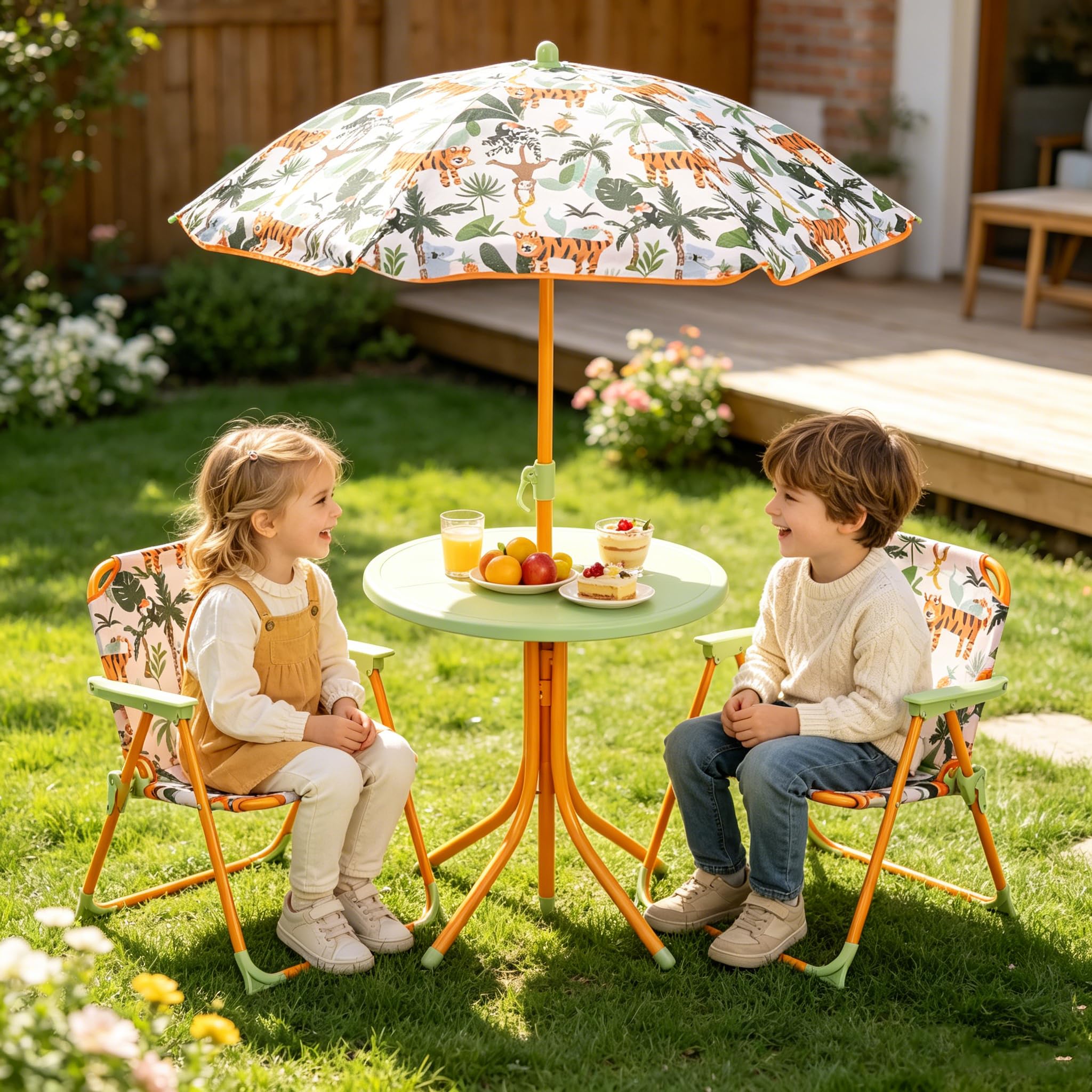 KOTEK Kids Picnic Table with Umbrella, Outdoor Table & 2 Folding Chairs, Cute Pattern Children's Patio Furniture, Portable Kids Table and Chair Set for Backyard, Garden, Beach (Yellow Tiger)