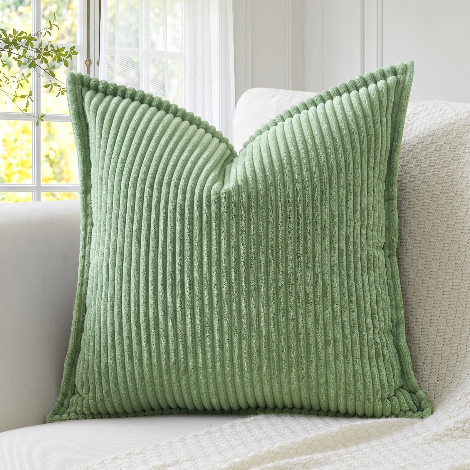 Sungeek Sage Green Corduroy Decorative Cushion Covers 50x50 cm, Boho Square Soft Striped Throw Pillow Covers with Stitched Edge Farmhouse Home Deco for Sofa Living Room Couch, Set of 1