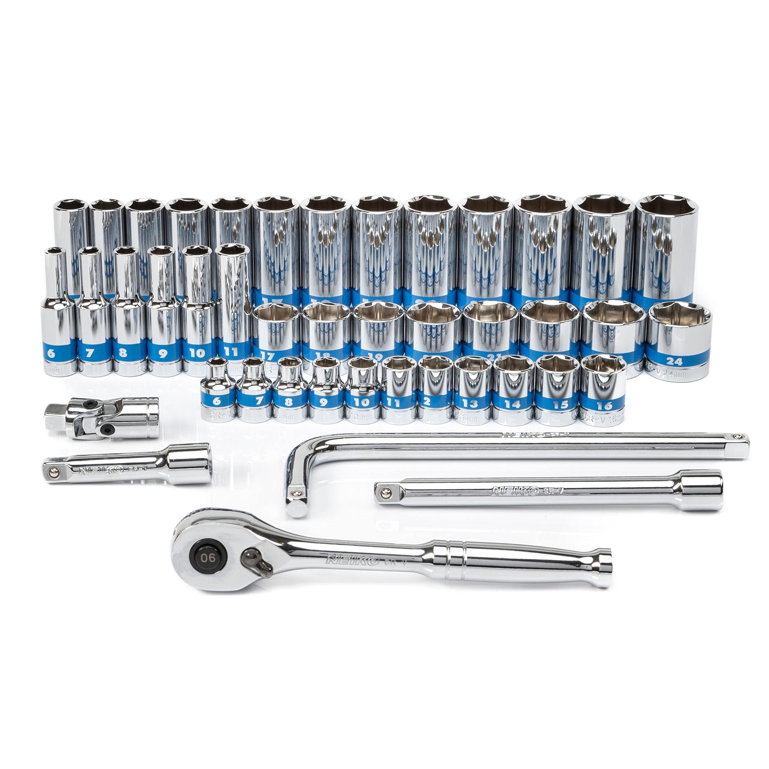 NEIKO 02512A - Set di chiavi a bussola da 3/8" con cricchetto a sgancio rapido (90 denti), 43 pezzi di dimensioni metriche standard e profonde, da 6 mm a 24 mm, 6 punte, giunto universale, barre di