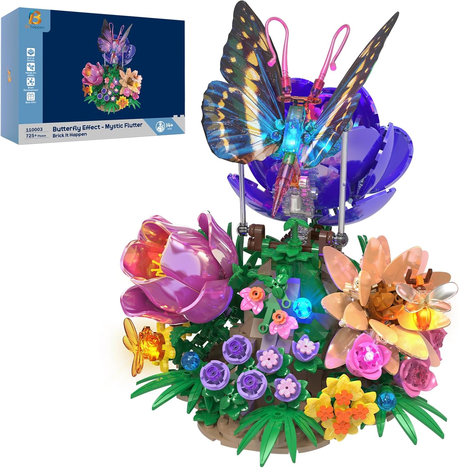 Butterfly Building Sets with Moving Wings & LED Lights, Botanical Flowers Collection Building Blocks for Adults, Butterfly Gifts Model Building Kits for Mom Girlfriend Wife on Birthday Valentine's Day