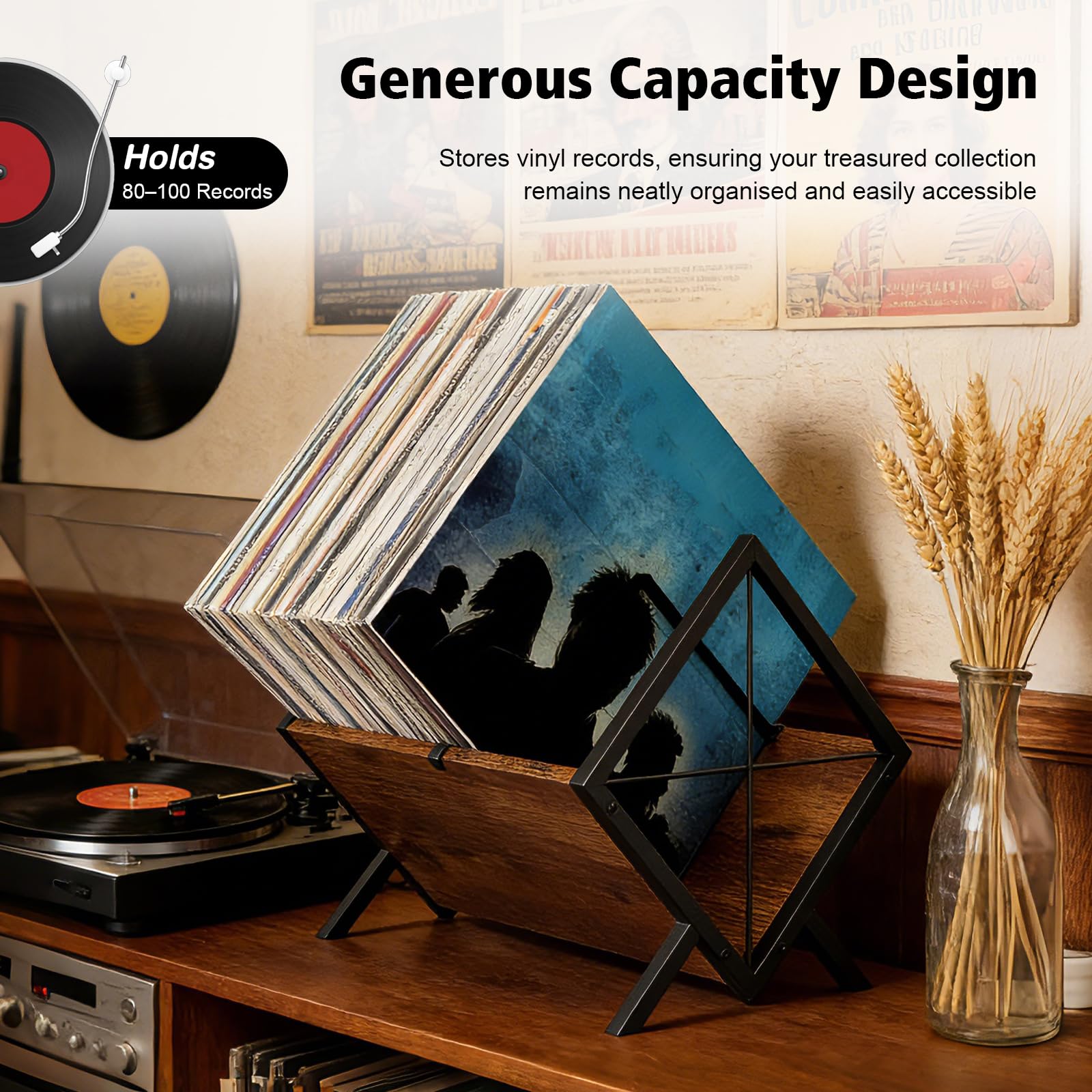 Porta Vinili per 80-100 Dischi,Supporto Espositore per Dischi in Vinile | Mobile Porta CD e Riviste con Divisori Antiscivolo,Design Retrò Industriale per Soggiorno e Ufficio